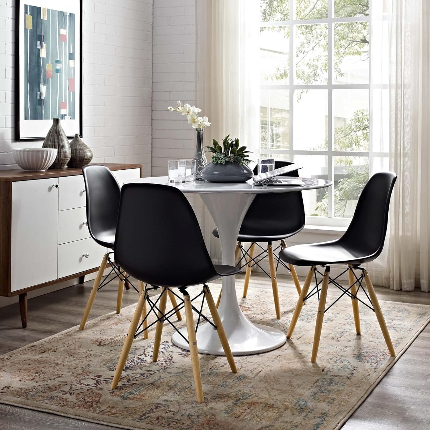 Silla de comedor Pyramid, Metal Madera Espuma Cuero, Negro