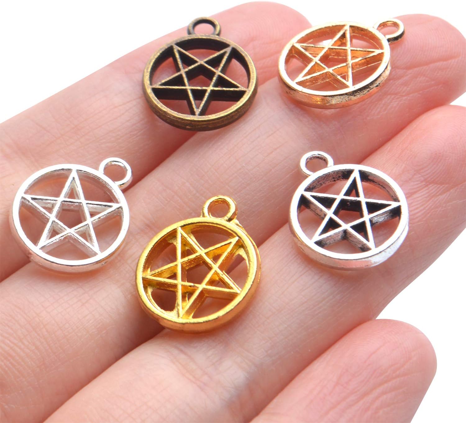Aylifu 50 dijes de pentagrama vintage redondos de pentagrama con estrella de pentáculo, accesorio para hacer joyas para collares, pulseras, aretes,