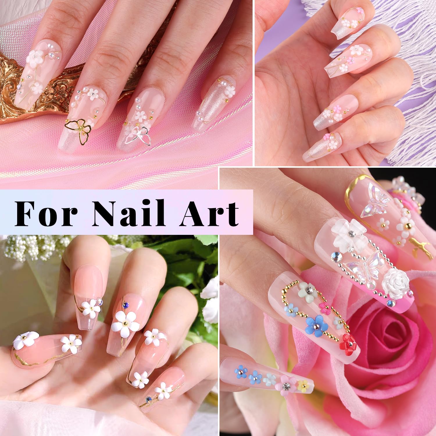 Flores 3D, kit de manicura con gel de pegamento de diamantes de imitación, coloridos dijes de uñas acrílicas con cuentas de caviar, diamantes de