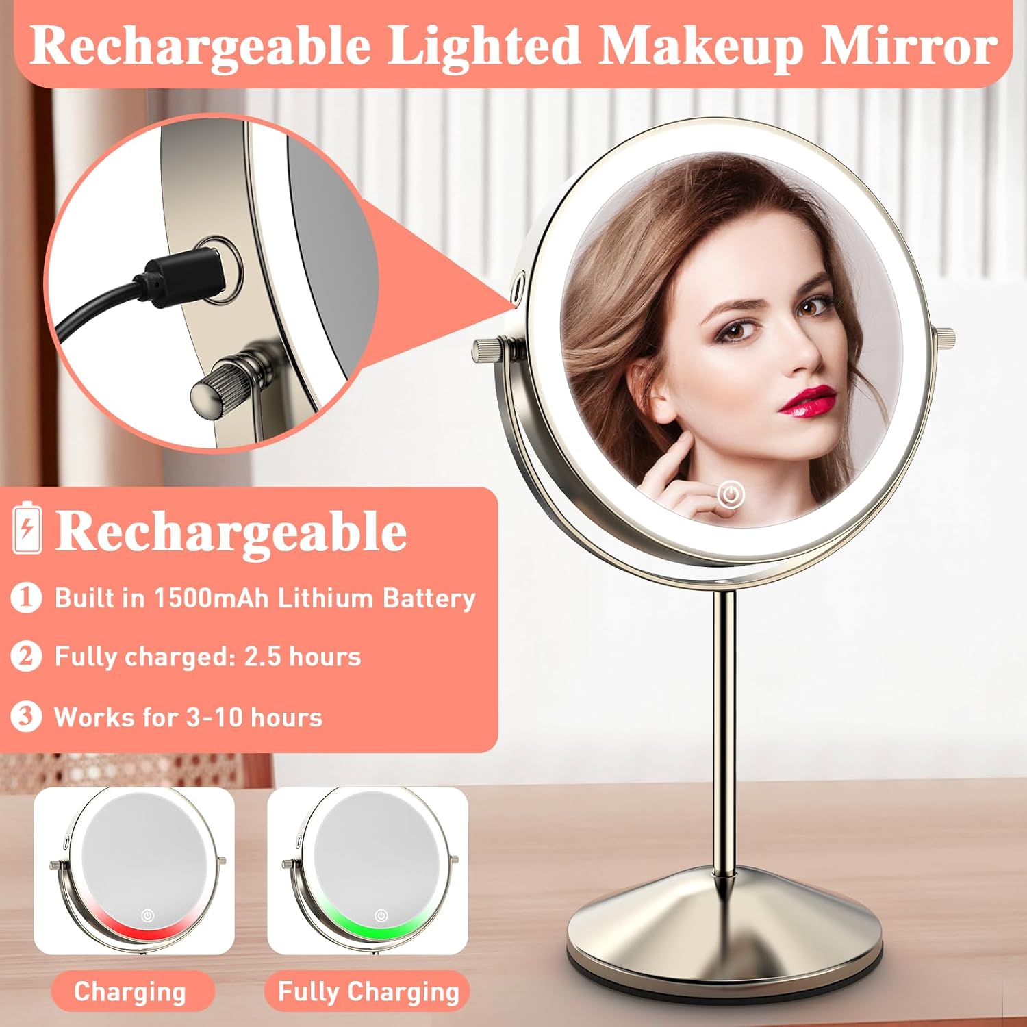 Espejo de maquillaje con aumento de luces, 10 x 8 pulgadas, recargable de doble cara LED, espejo de tocador con luces, rotación de aumento, espejo