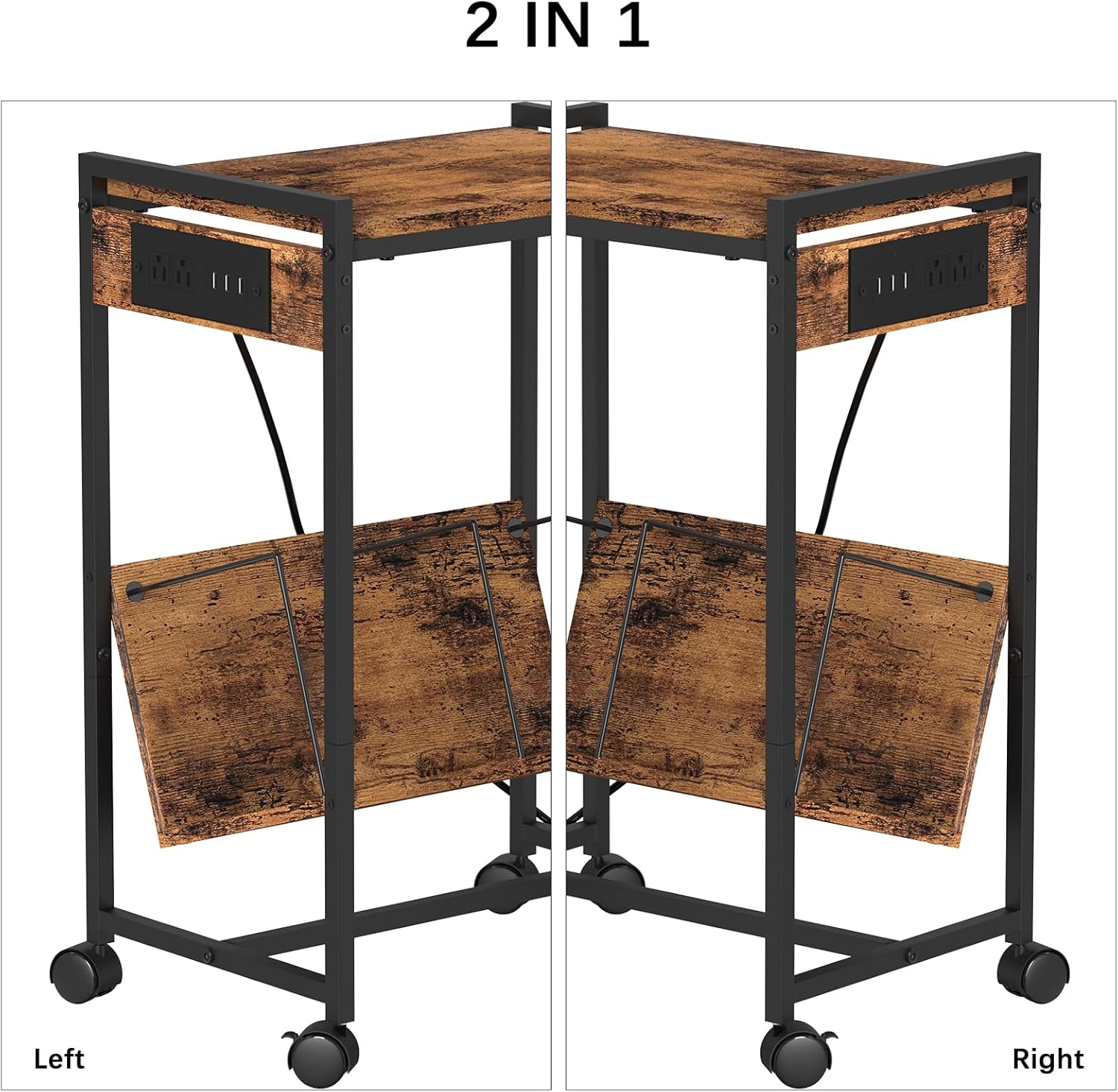 CADUKE Soporte para tocadiscos de 2 niveles con almacenamiento para discos de vinilo con ruedas, mesita de noche industrial con estación de carga