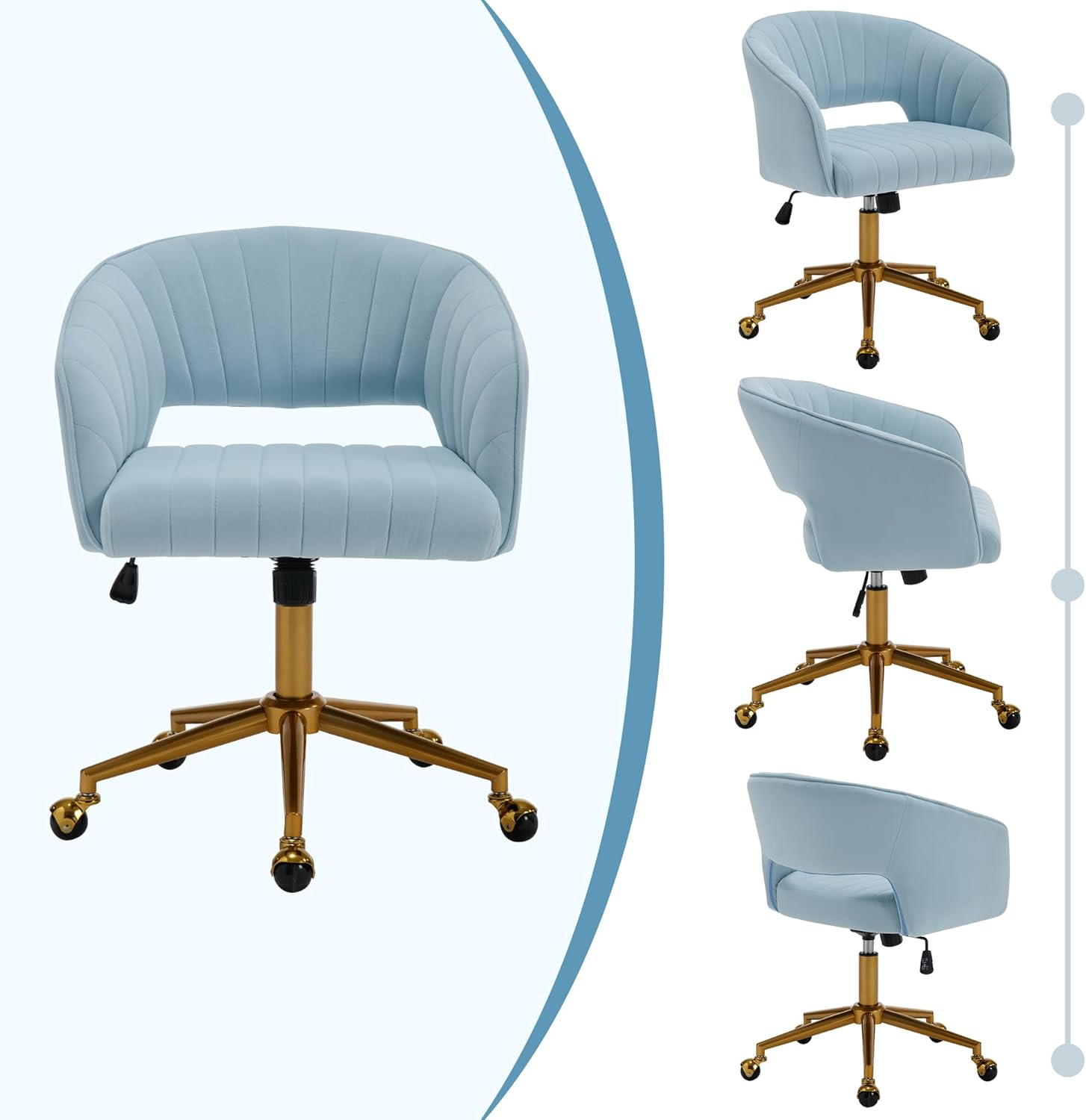 Westice Sillas de escritorio de oficina en casa, moderna silla rodante de terciopelo, silla giratoria de altura ajustable con base dorada, silla
