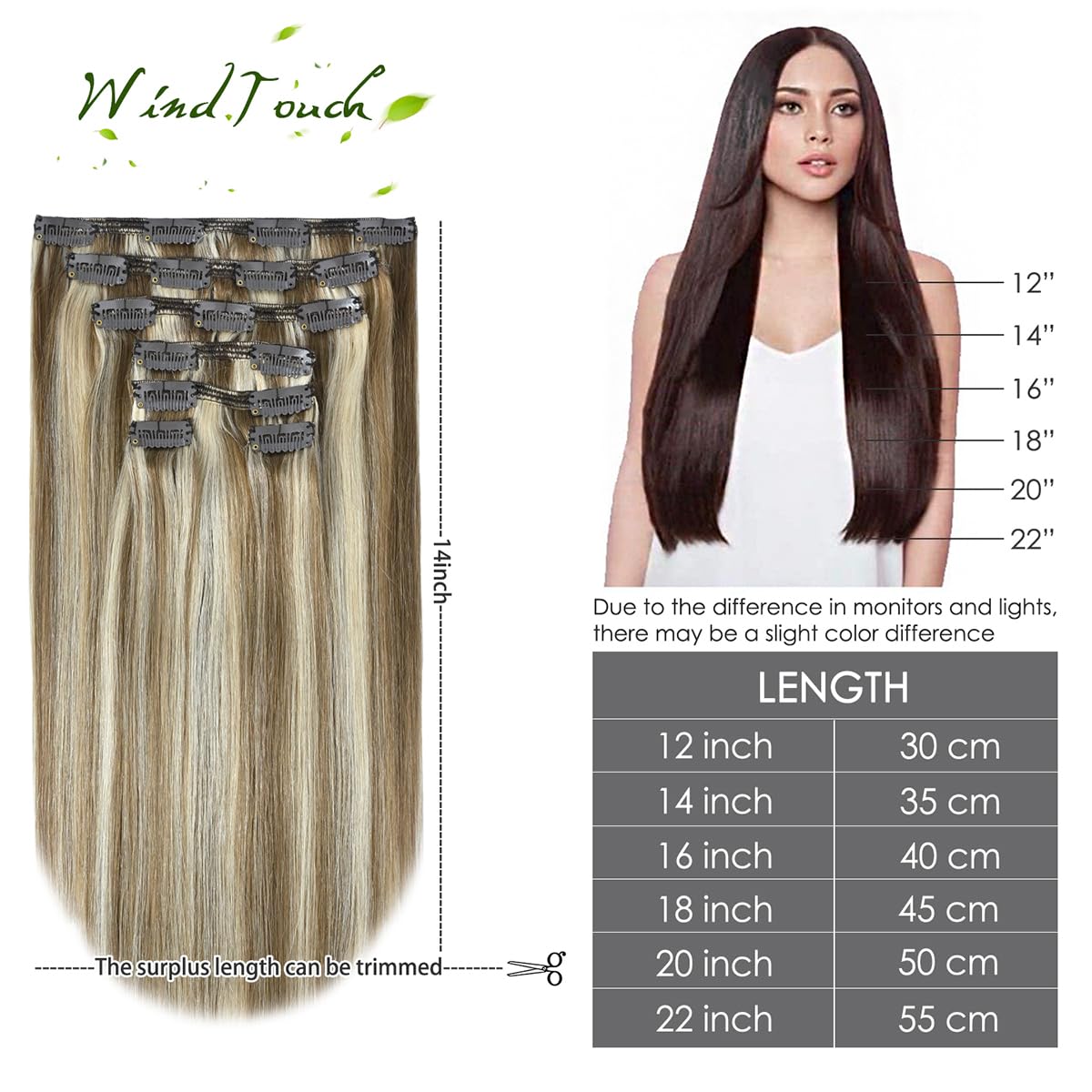 WindTouch Extensiones de cabello humano con clip, balayage, rubio ceniza degradado a rubio platino, cabeza completa, 14 pulgadas, 4.23 oz, 7 piezas