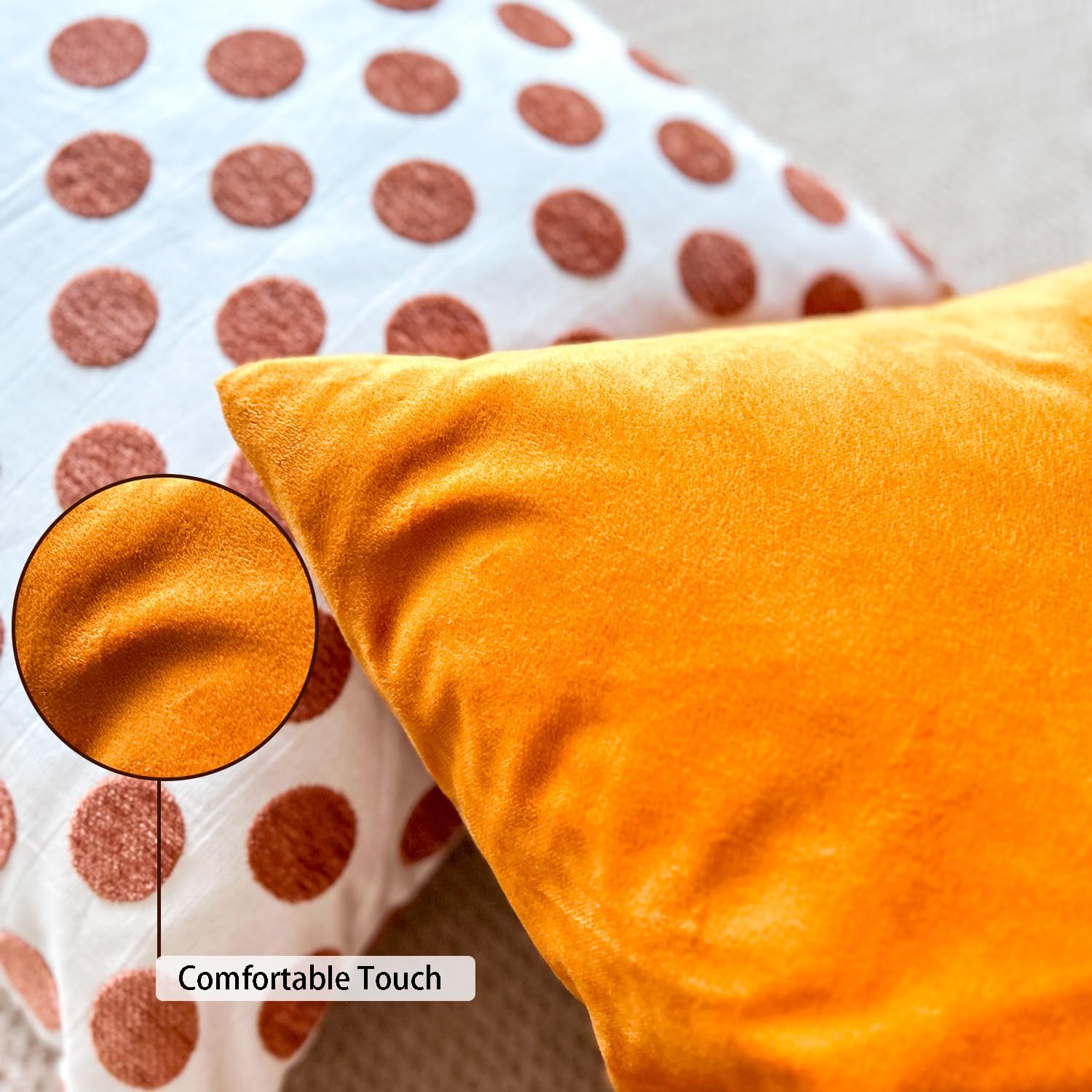 HOPLEE Funda de almohada naranja de 18 x 18 pulgadas, fundas de cojín decorativas con diseño de lunares y naranja liso, 18 x 18 pulgadas, paquete de