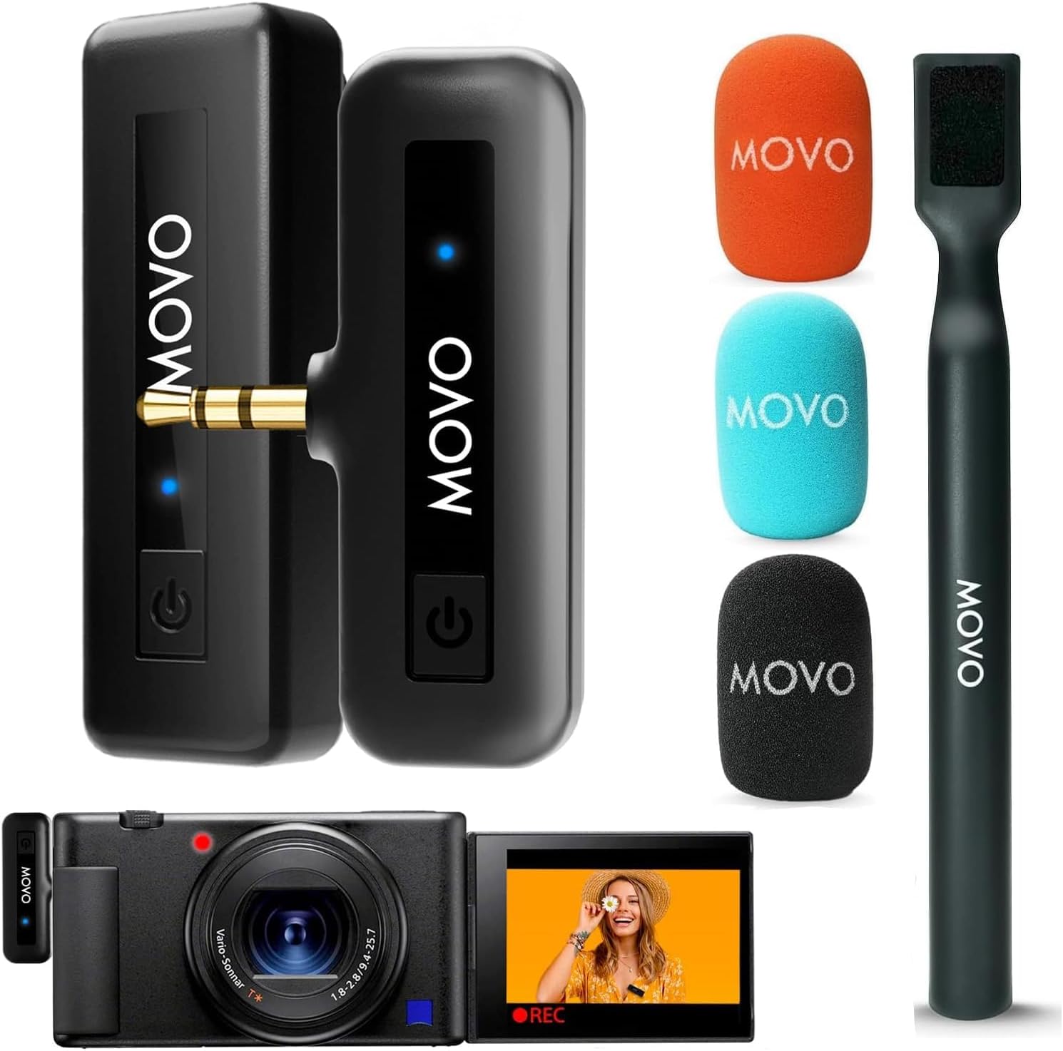 Movo Mini micrófonos inalámbricos inalámbricos para cámara con adaptador de mano WMX-HM – Transmisor inalámbrico de 2.4Ghz con micrófono de solapa,