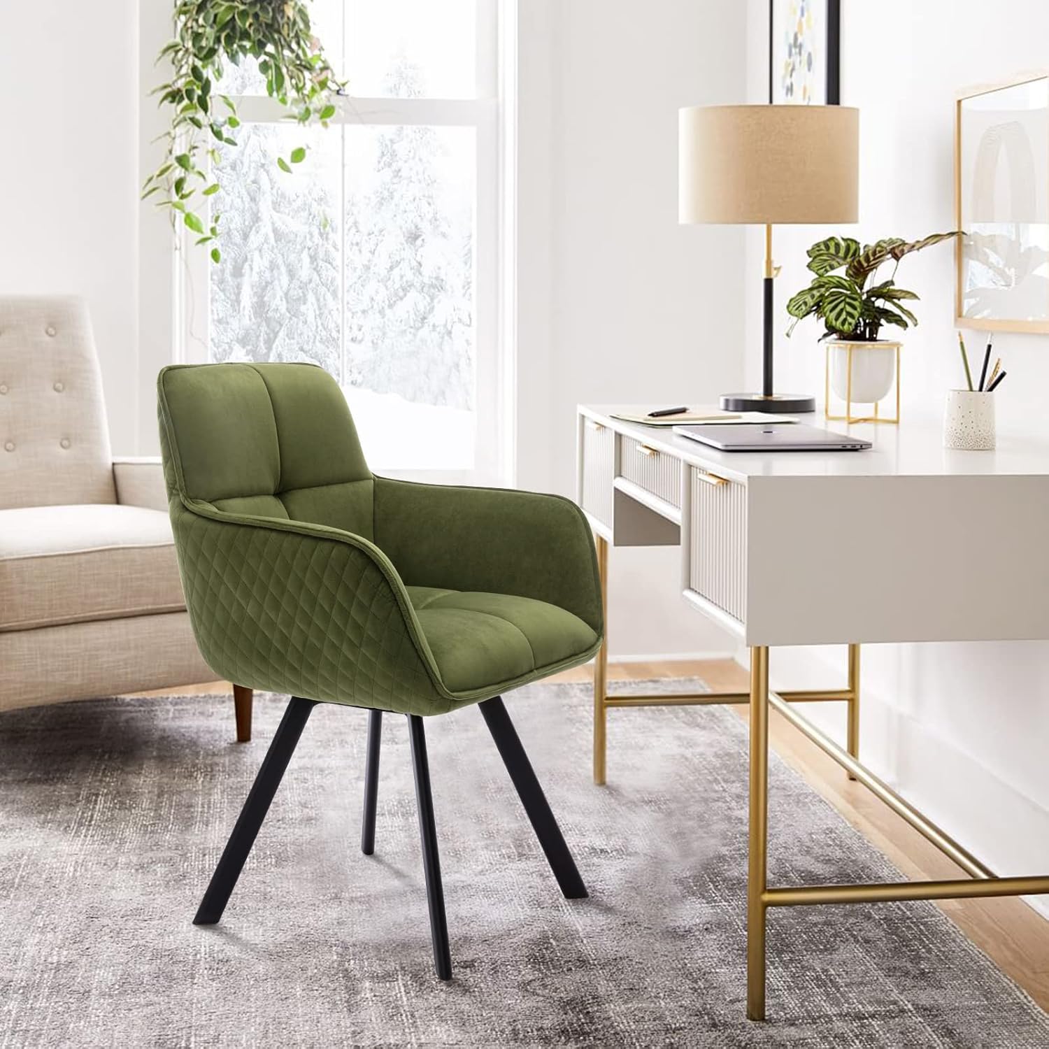 Scingu Olive Green Cozy Desk Chair, Velvet Office Desk Armchair, Comfy Upholstered Task Chair Stationary Non Rolling with Mid Back, Swivel Comfy