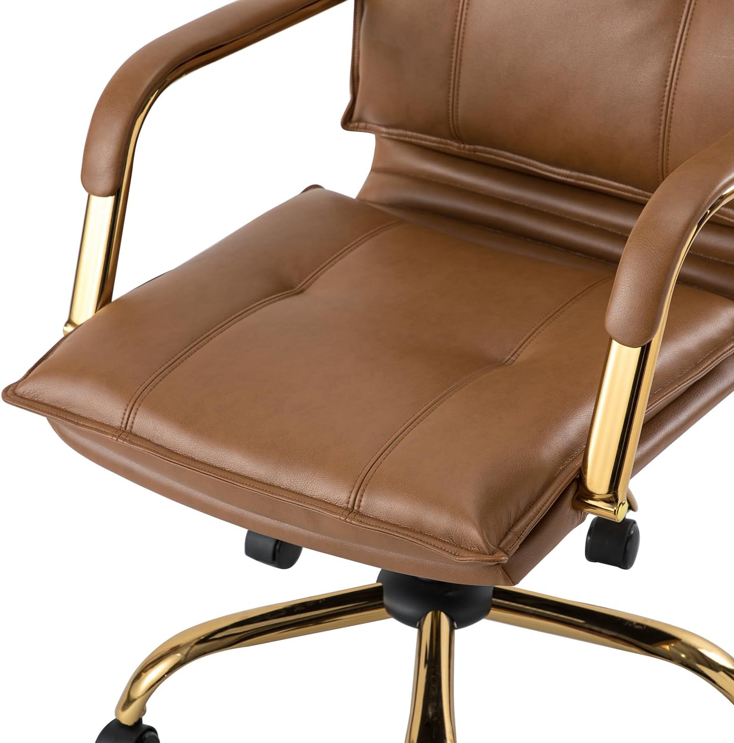 TINA’S HOME Silla de escritorio de piel sintética para oficina en casa, silla giratoria ajustable para computadora con patas y brazos dorados,