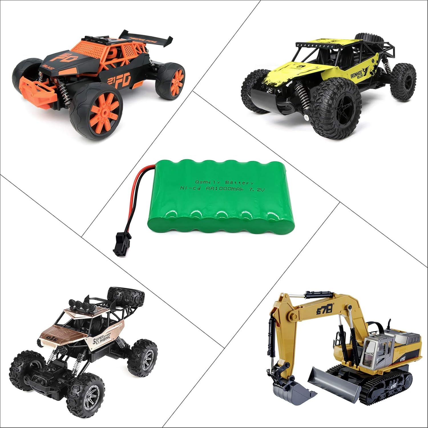 Qsmily Batería RC de 7.2 V, conector SM, batería recargable de Ni-Cd de 1000 mAh con cable de carga, adecuada para camión RC, camión de construcción