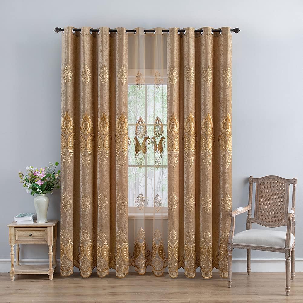 ELKCA Juego de cortinas europeas de felpilla con patrón bordado para sala de estar, con ojales en la parte superior (52 pulgadas de ancho x 84