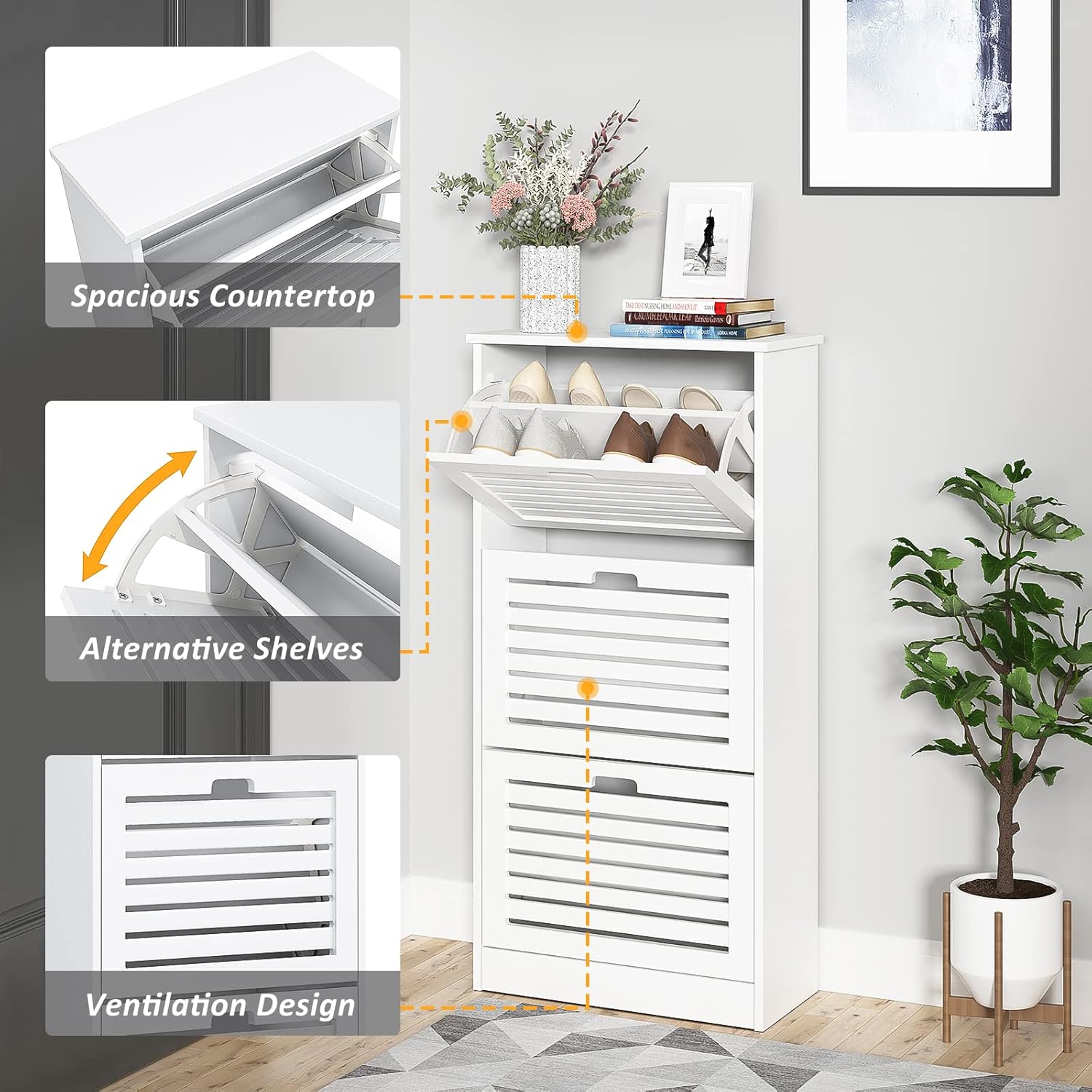 Hommoo Armario de almacenamiento de zapatos blanco con puerta de 3 listones abatibles, armario estrecho para zapatos con estante ajustable, gabinete