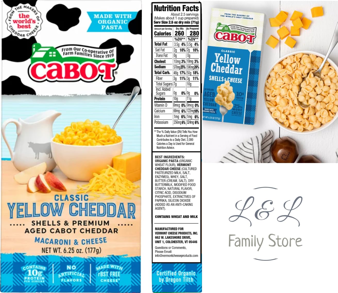 3 unidades de conchas de cabot y macarrones y queso cheddar añejados de primera calidad  Sabor clásico de cheddar amarillo  Cheddar envejecido y