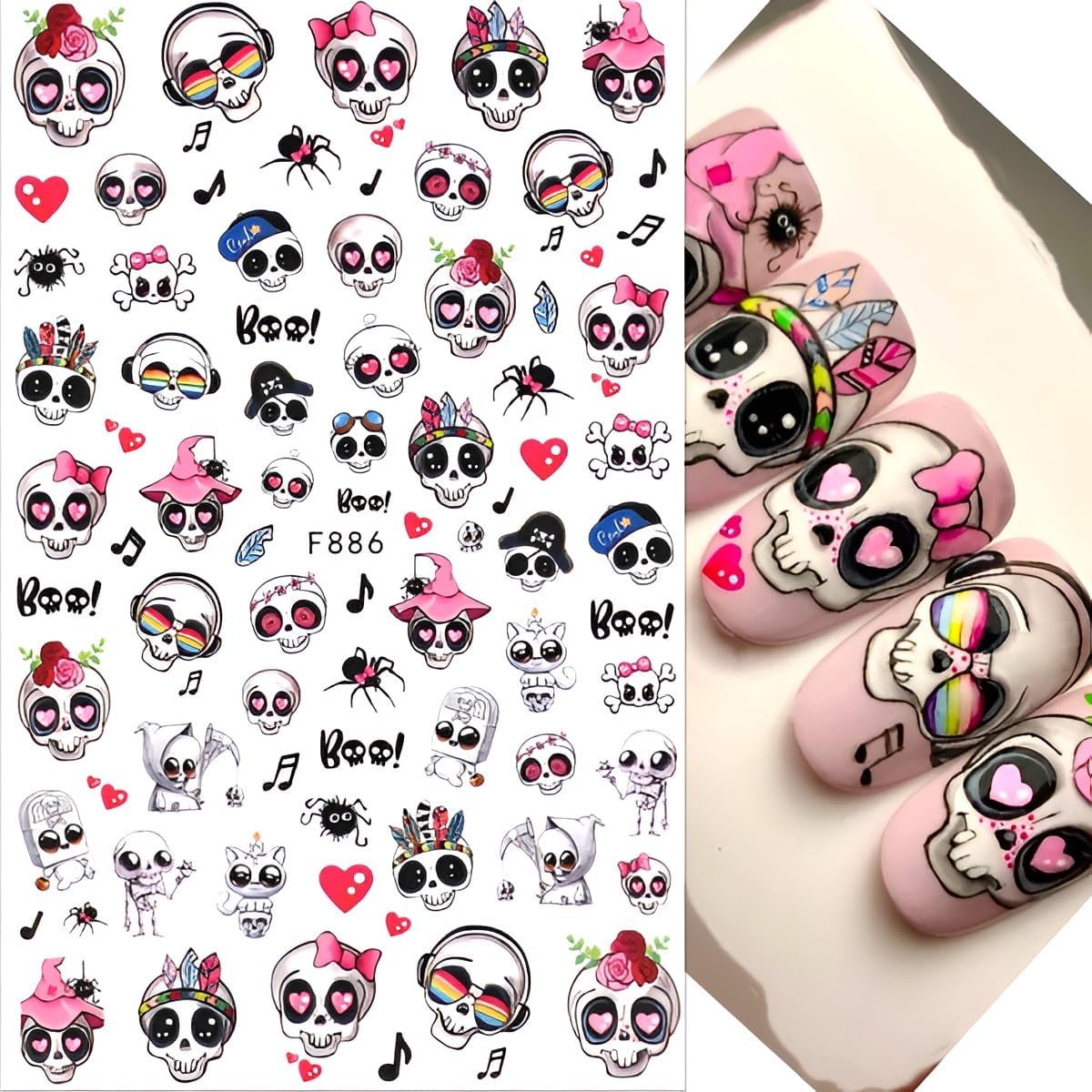 8 hojas de calcomanías de arte de uñas de Halloween, diseño de calavera rosa, fantasma, araña, calabaza, calabaza, suministros de arte de uñas,