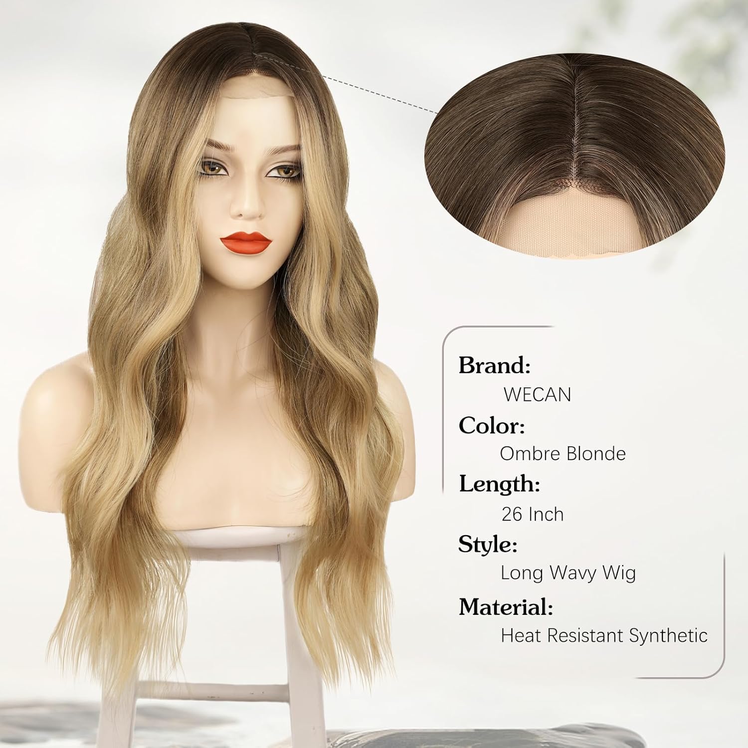 Peluca larga ondulada de color marrón degradado rubio degradado para mujer, 26 pulgadas, parte media, rizada, ondulada, de aspecto natural, peluca