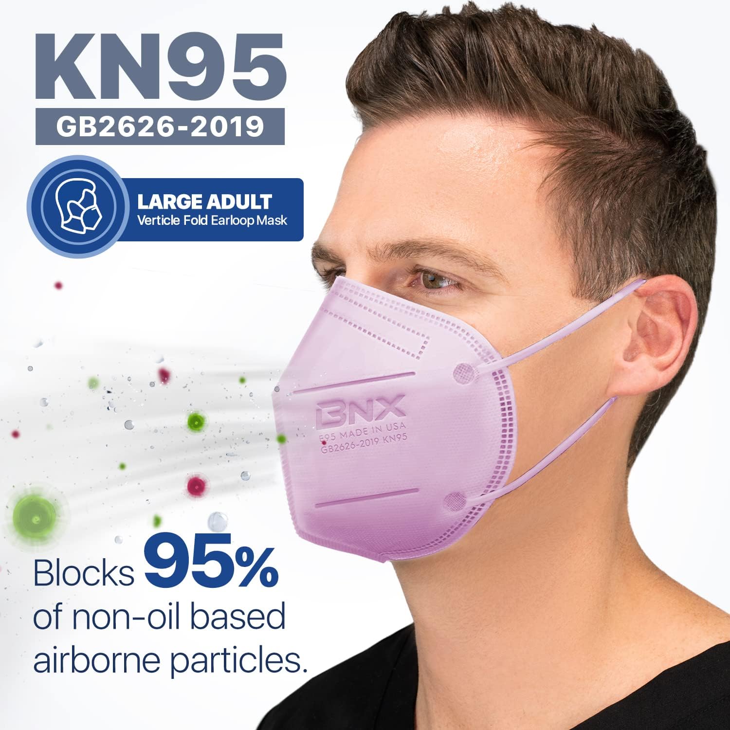 BNX KN95 – Mascarillas faciales fabricadas en Estados Unidos (adulto grande, adulto mediano, niños pequeños) (cinta para las orejas) (modelo