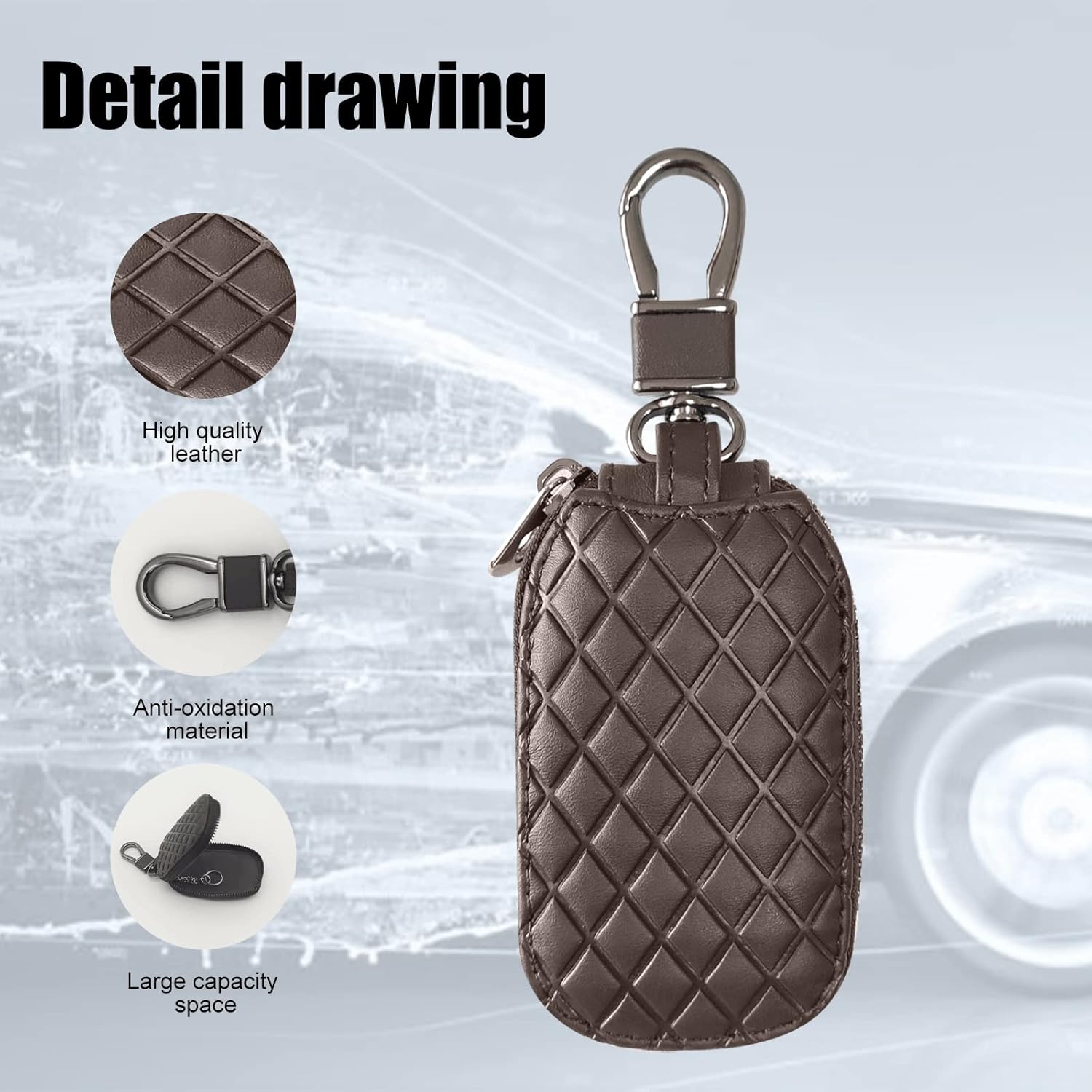 Funda universal para llave de automóvil, funda de cuero para llavero inteligente, protector antiarañazos con cremallera y gancho de metal (cuadros