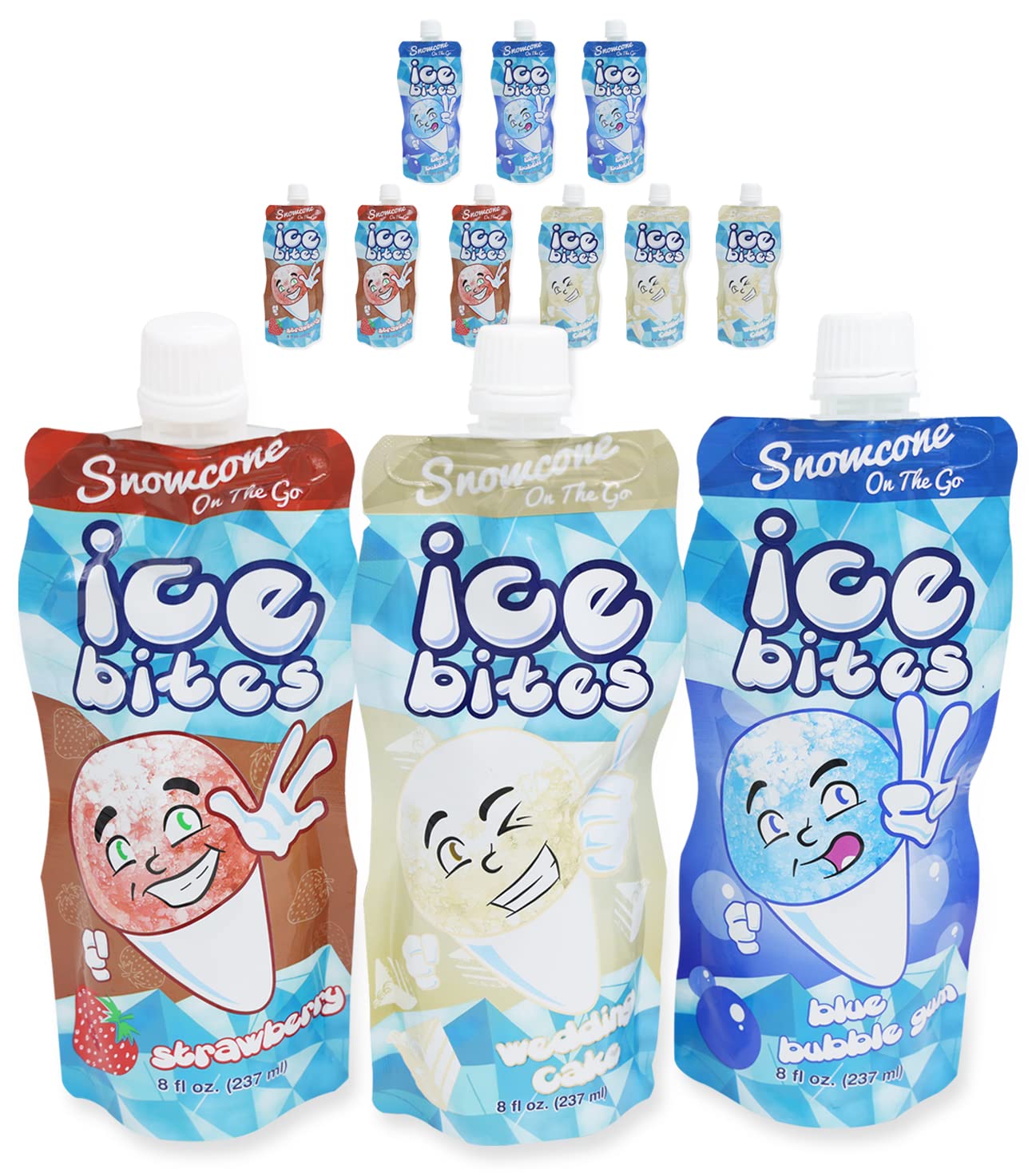Snowcone On The Go Ice Bites – Bolsas de hielo congeladas saborizadas, paquete variado, fresa, chicle azul y pastel de boda, 8 onzas cada uno