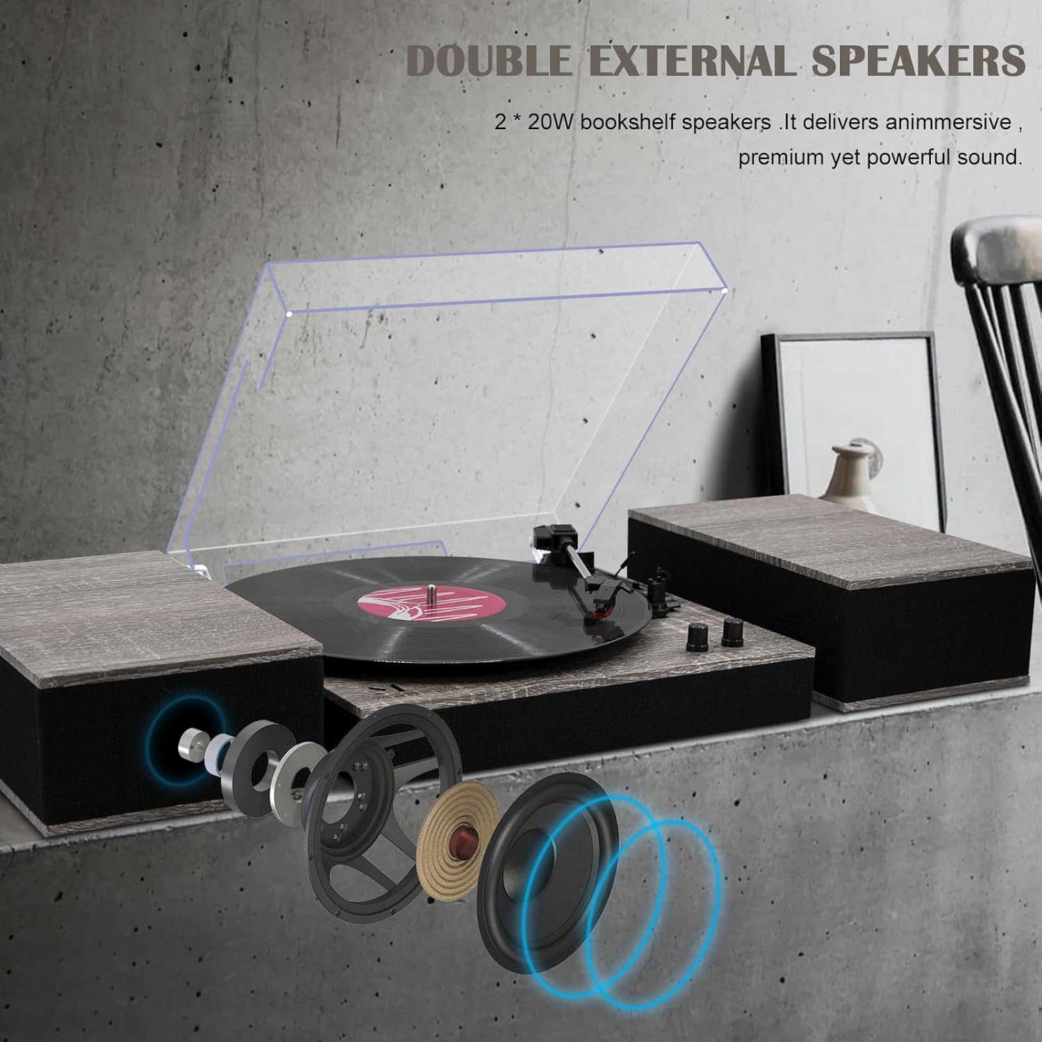 MPK – Tocadiscos Bluetooth, sistema de alta fidelidad con altavoces de estantería, tocadiscos de vinilo de 3 velocidades con transmisión por correa