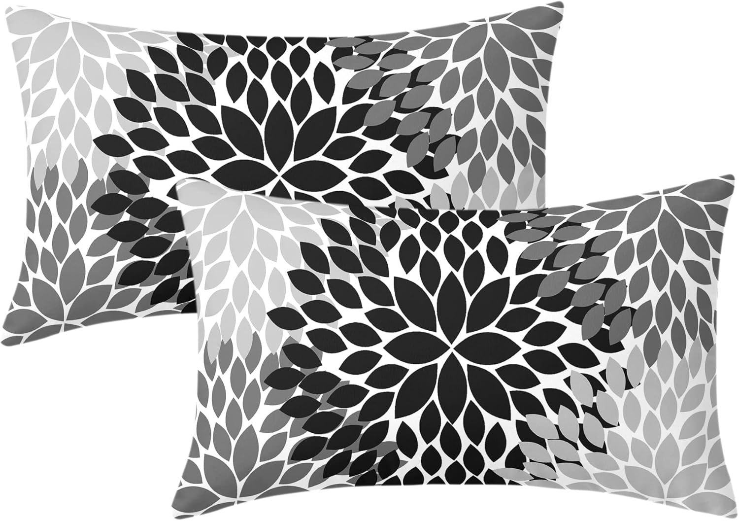 Juego de 2 fundas de almohada negras de 12 x 20 pulgadas, color negro, blanco, gris, dalias florales, geométricas, lumbar, fundas de almohada para