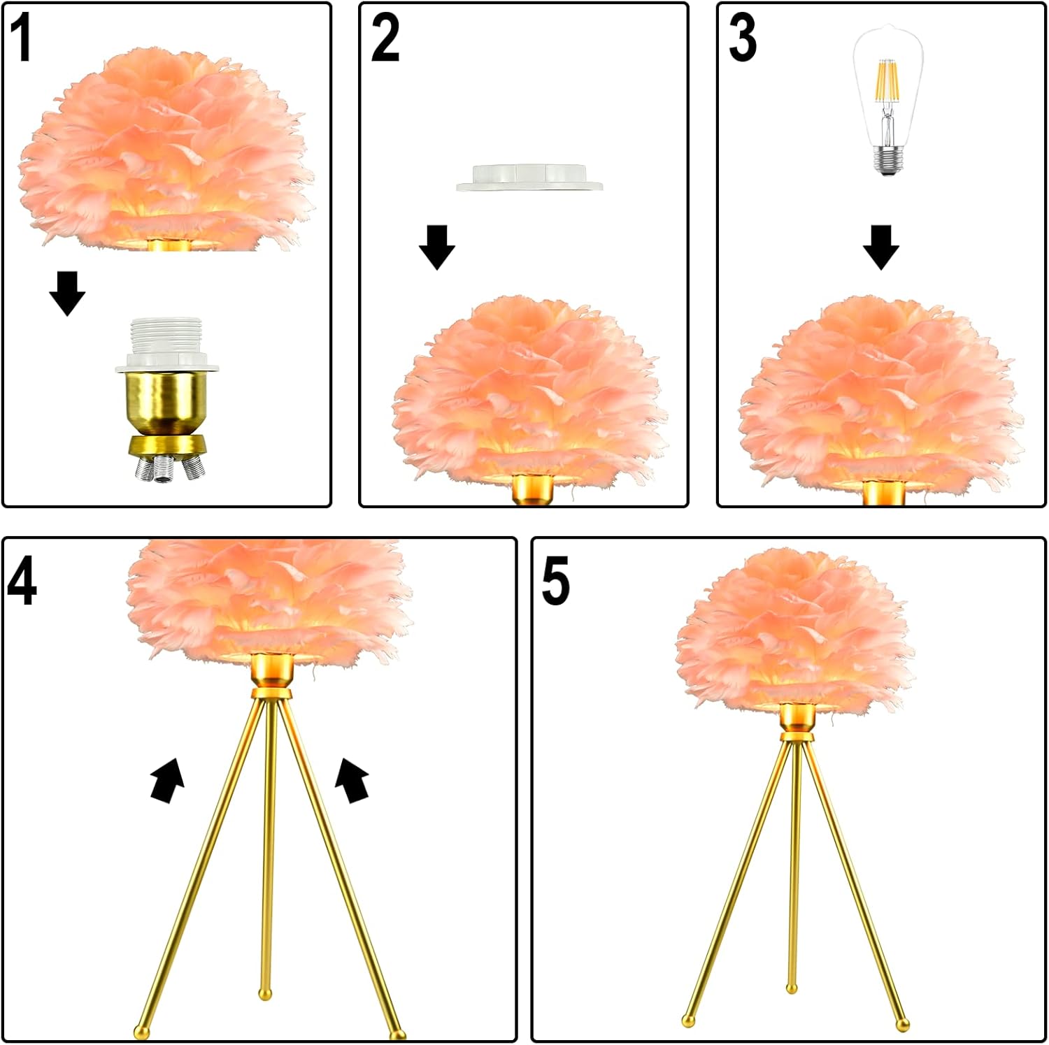 Paquete de 2 lámparas de mesa de plumas, trípode, luces de mesita de noche, lámpara de mesita de noche, elegante lámpara de plumas para dormitorio,