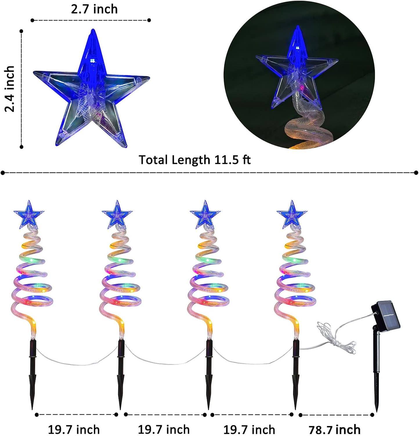 Juego de 4 luces en espiral para árbol de Navidad, preiluminadas con energía solar, 40 LEDs, para decoración de Navidad al aire libre, para camino,