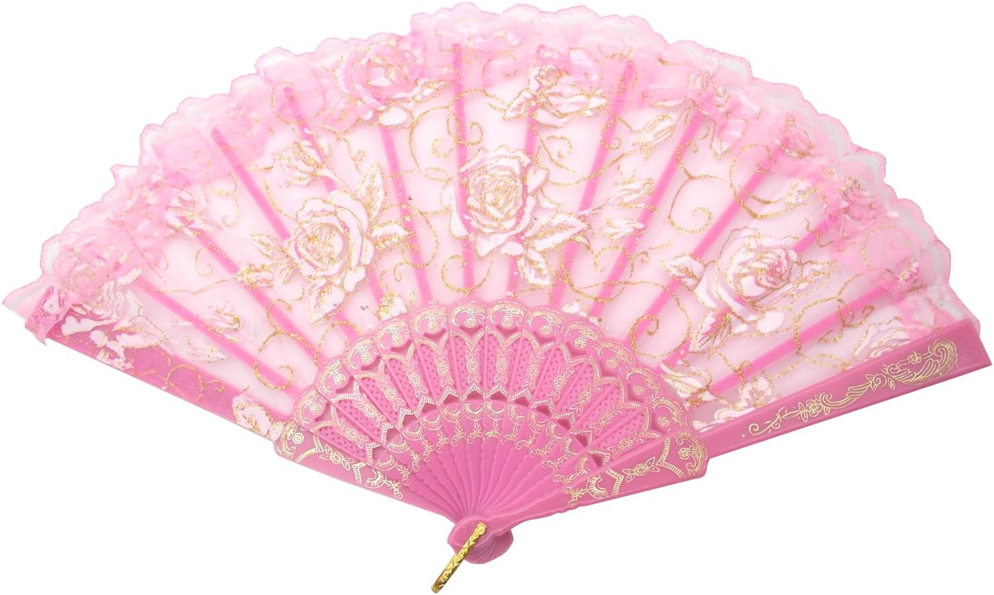 TRENDBOX Flor Rose Lace Handheld Chinese Folding Fan Para Dancing Ball Party Ladies – Rosa Rosa