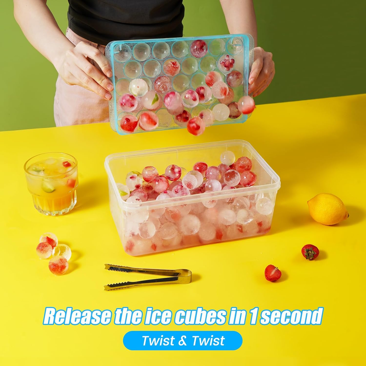 PHINOX – Bandeja de cubitos de hielo con tapa y contenedor, bandejas redondas de hielo para congelador, bandejas de hielo para hacer cubitos de
