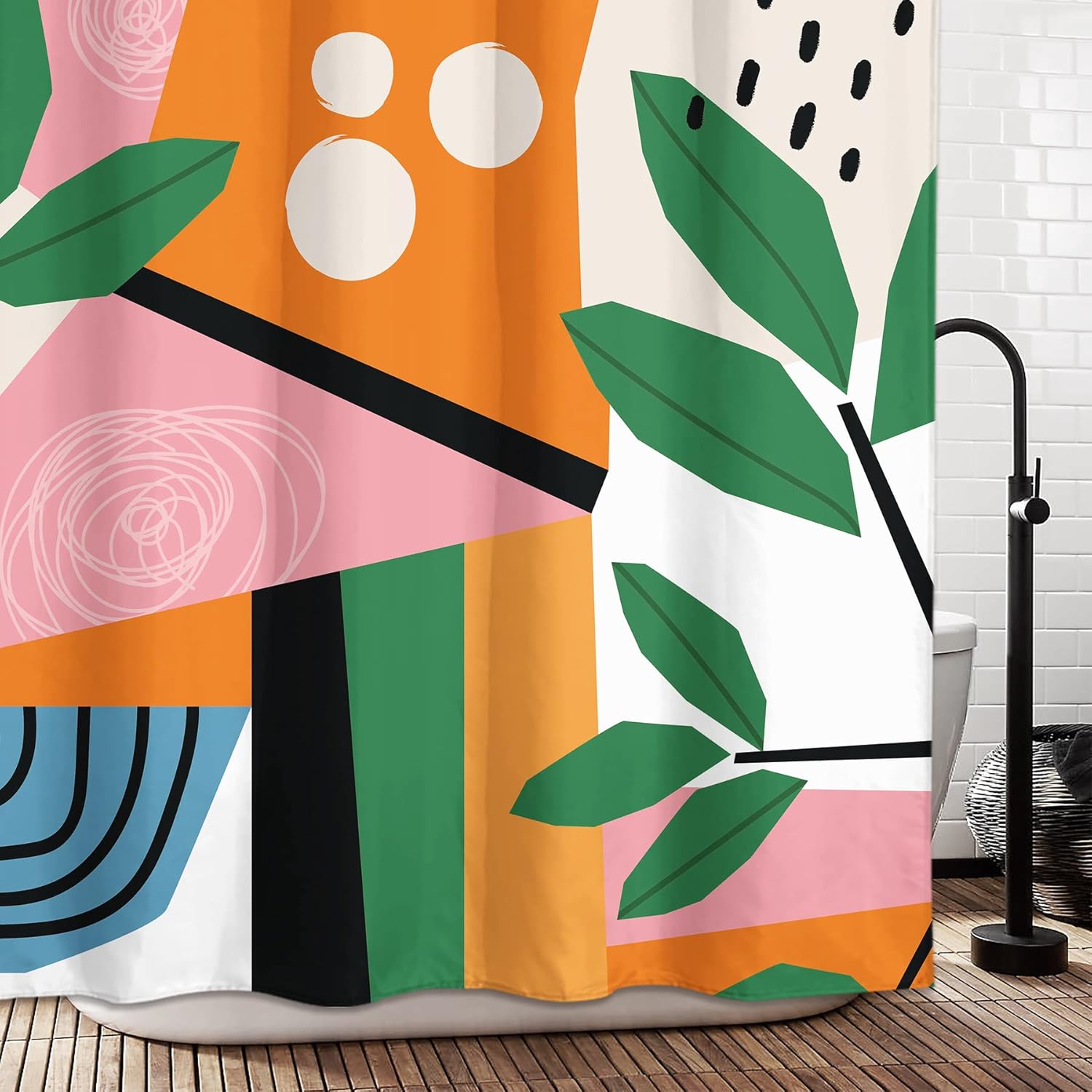 Miyotaa Juego de cortina de ducha abstracta minimalista y contemporánea, 60 pulgadas de ancho x 71 pulgadas de alto, diseño geométrico de hojas