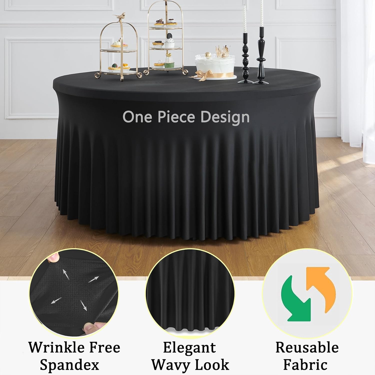 Htper Paquete de 2 manteles redondos de elastano negro de 5 pies para mesa redonda de 60 pulgadas, manteles redondos elásticos sin arrugas para