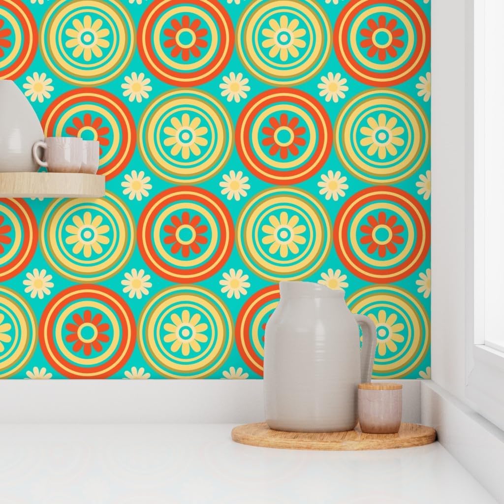 Spoonflower Peel & Stick Wallpaper 3ft x 2ft – Retro Floral Tile Circles Mid Century Midcentury Modern Turquoise Orange Yellow Vintage Geometric