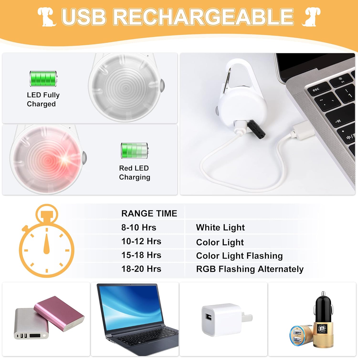 Luz para collar de perro, 4 modos de luces de perro para caminar por la noche, luz de perro que cambia de color RGB, luces recargables para collar