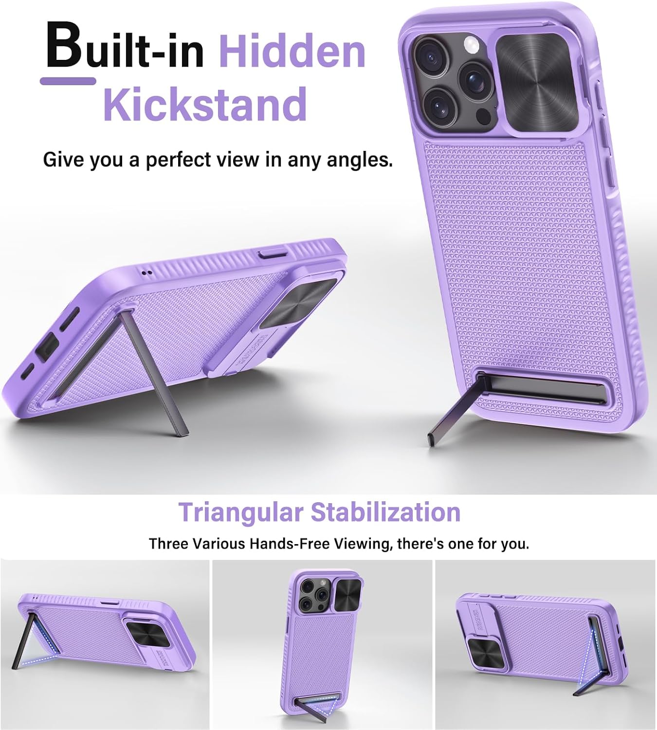 Vihibii Funda para iPhone 15 Pro Max, compatible con MagSafe, soporte integrado y cubierta de cámara deslizante, protección contra caídas de grado