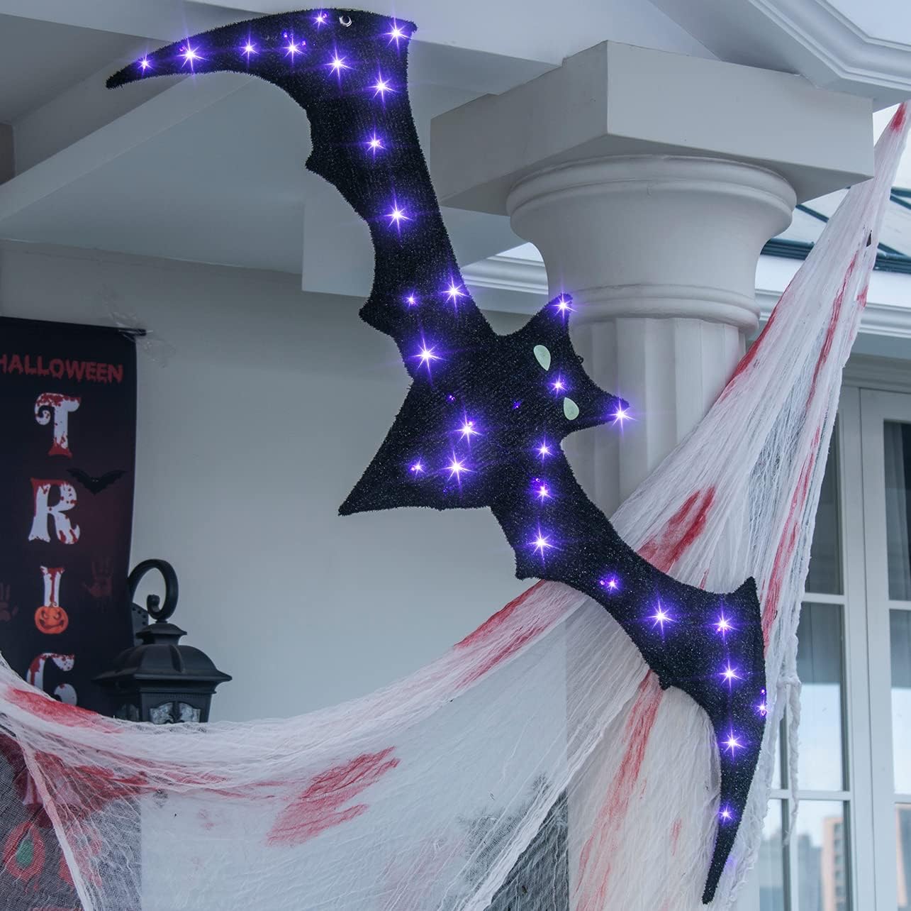 EAMBRITE Luces de ventana de Halloween de 4 pies, luz de murciélago gigante con 30 luces moradas, impermeable, silueta de ventana, decoración de luz
