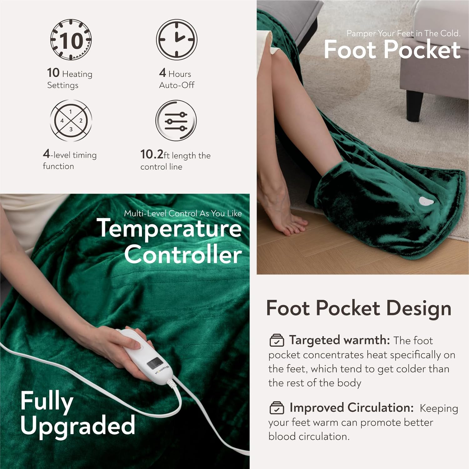 Wapaneus – Manta térmica eléctrica con bolsillo para los pies, 10 niveles de calefacción y 4 ajustes de temporizador, apagado automático de 4 horas,