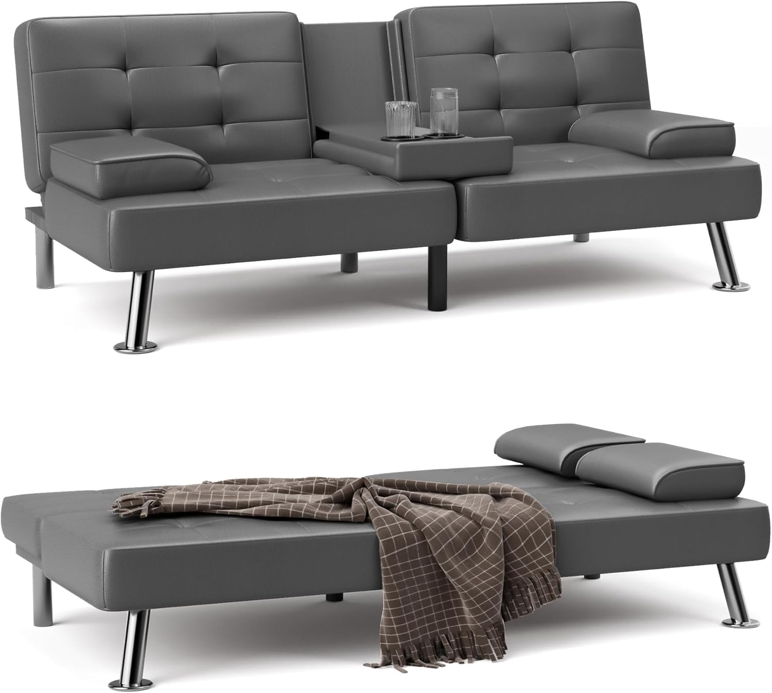 Sofá cama tipo futón plegable convertible para sala de estar, sofá biplaza tapizado de piel sintética con reposabrazos extraíbles, patas de metal, 2