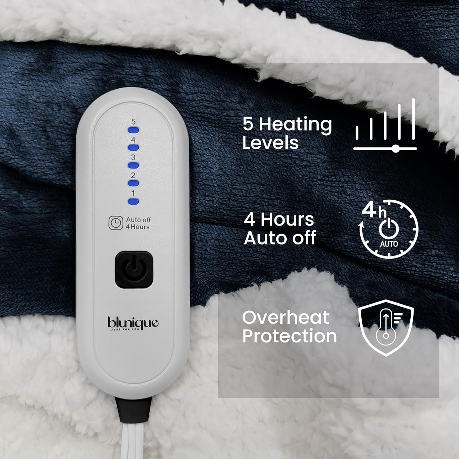 blunique Manta térmica eléctrica, manta térmica con 5 niveles de calor y 4 horas de apagado automático, acogedora manta de forro polar sherpa suave,