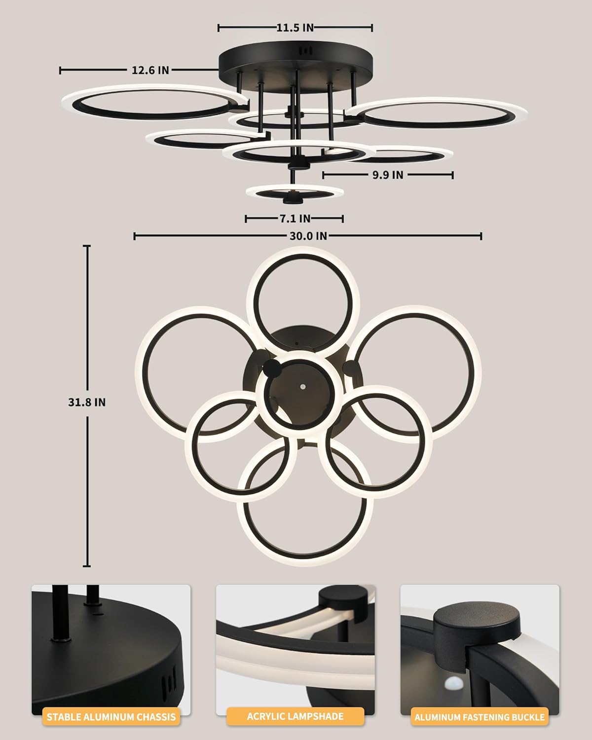 Lámpara de techo LED moderna de 7 anillos regulables con control remoto negro cerca de la luz de techo de 31.8 pulgadas, 130 W, 3000 K-6500 K,