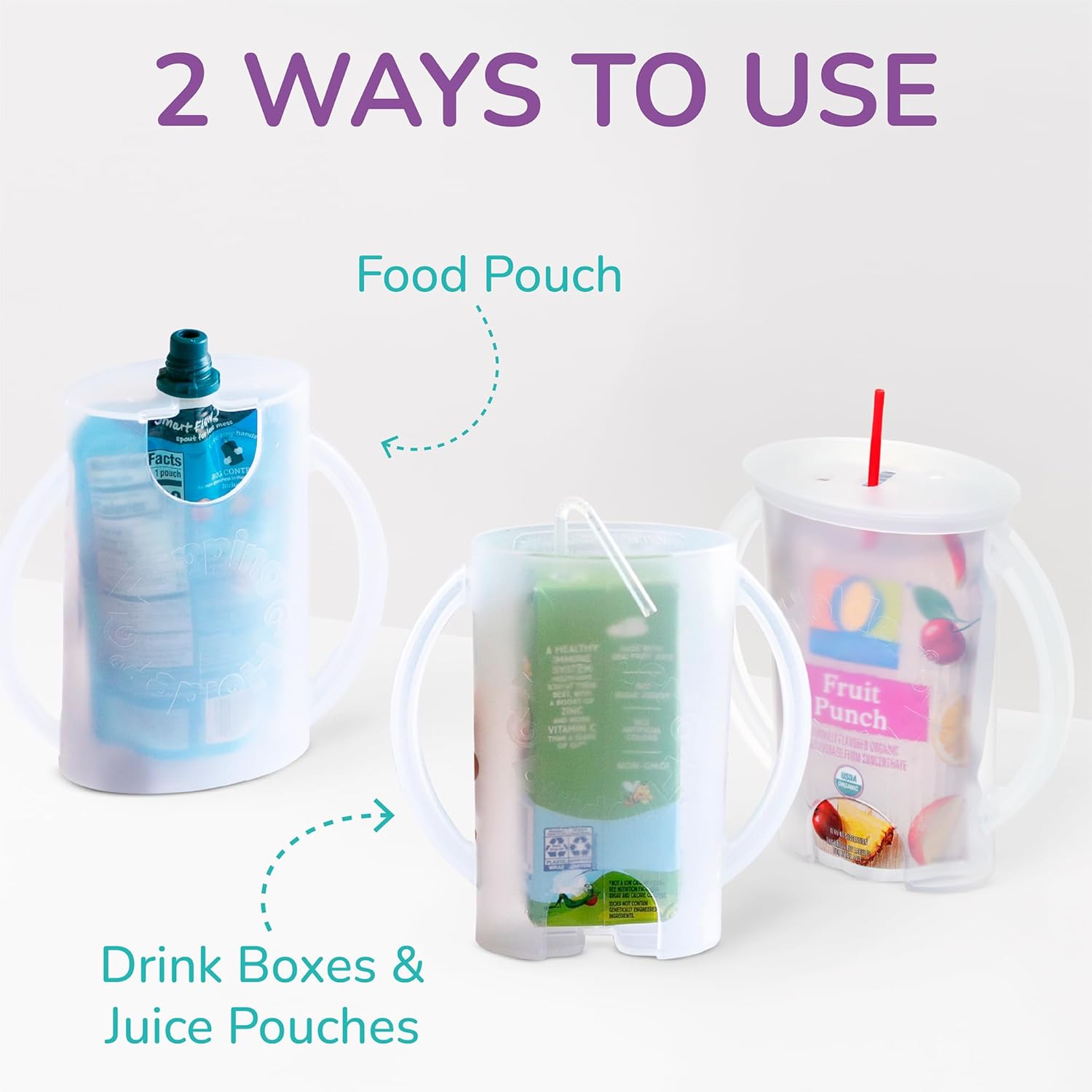 Recipiente para mezclar, recipiente para bolsas de comida y jugo 2 en 1, hecho en EE. UU. Bolsa de comida a prueba de golpes