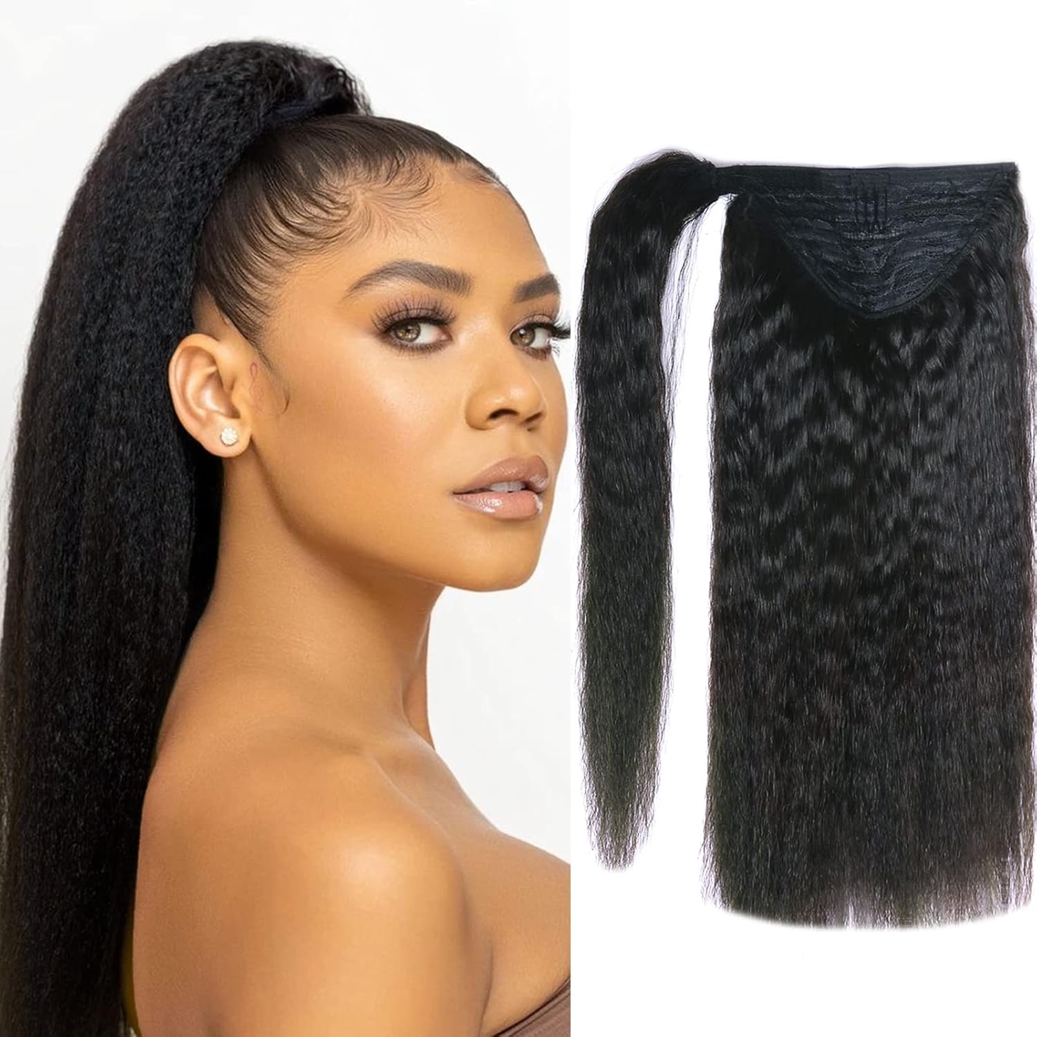 Anrosa Cola de caballo de cabello humano rizado lacio para mujeres negras, cinta mágica 100% Remy, extensiones de cabello humano brasileño ondulado,