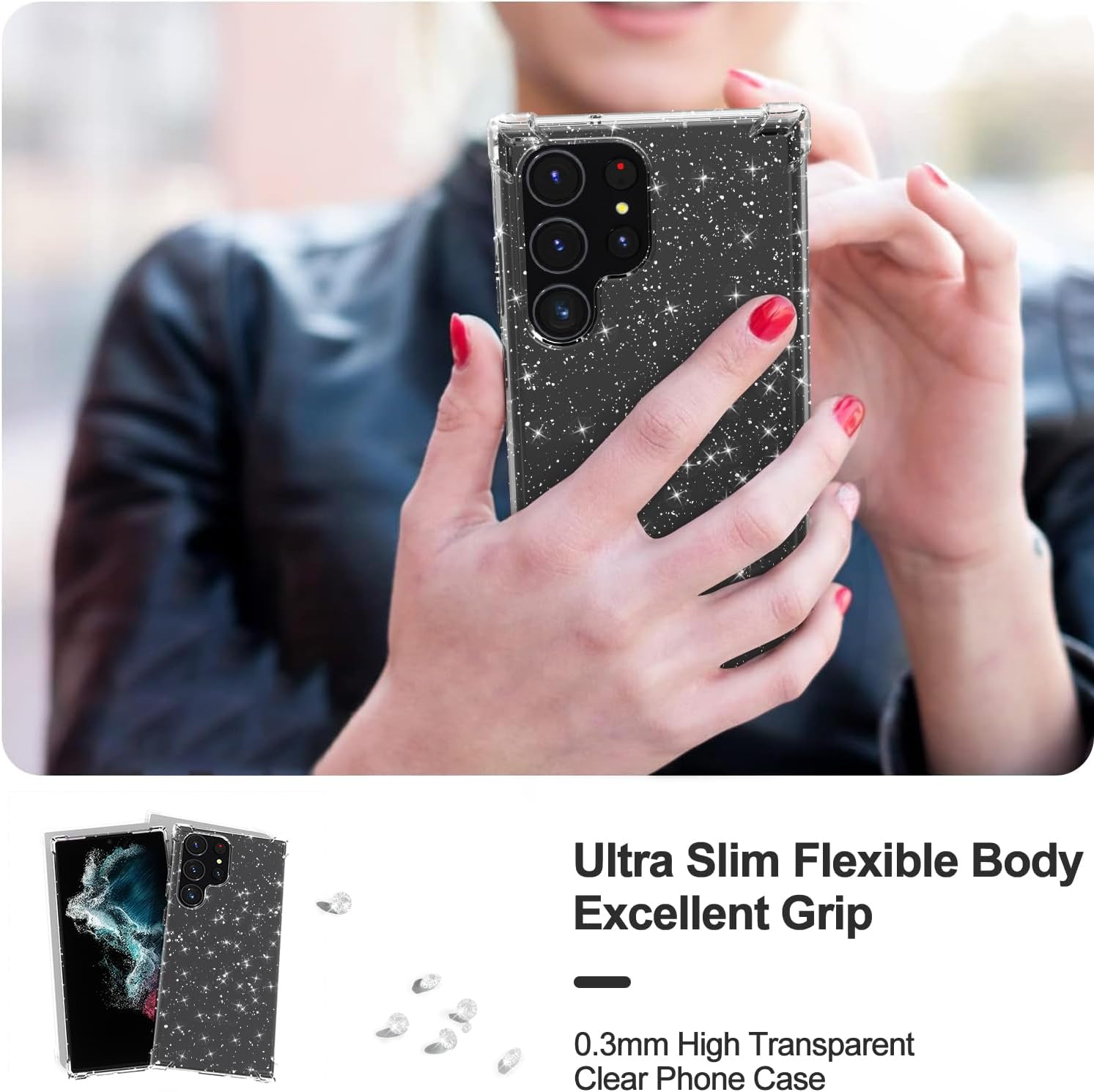 Svanove Funda para Samsung Galaxy S22 Ultra con purpurina, bonita funda brillante brillante para mujer, diseño estético, transparente, delgada,