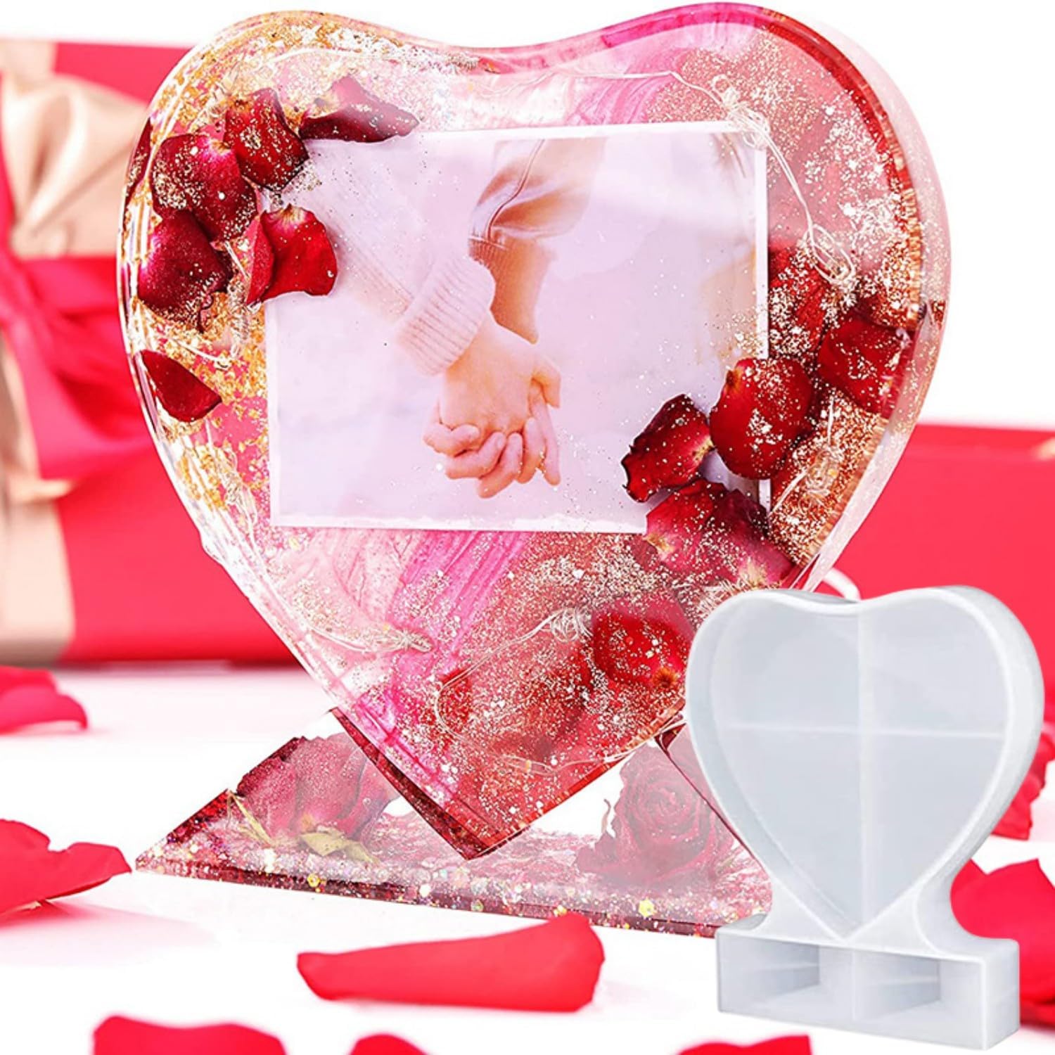 Paquete de 2 moldes de resina para marcos de fotos, moldes de silicona epoxi rectangulares y en forma de corazón para decoración del hogar,