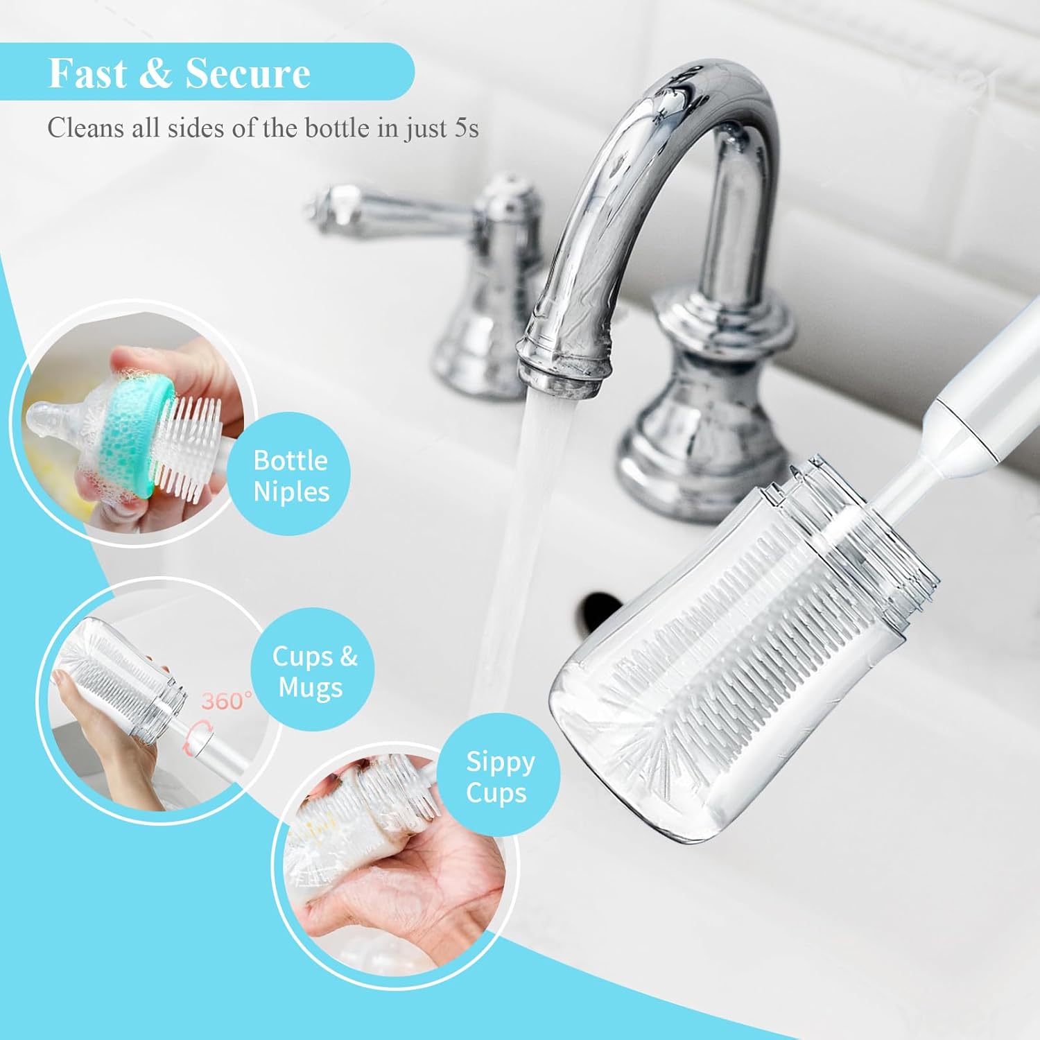 Cepillo eléctrico para biberón, cepillo de limpieza recargable con diseño impermeable y montado en la pared, botella de siliconachupetecepillo para