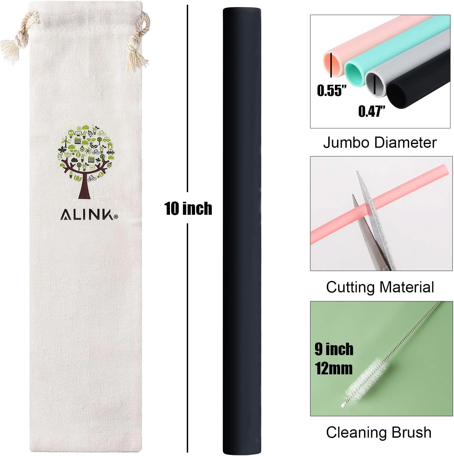 ALINK Pajitas Boba reutilizables de silicona negra, paquete de 4 popotes extra anchos para té de burbujas, batidos, perlas de tapioca con cepillo de
