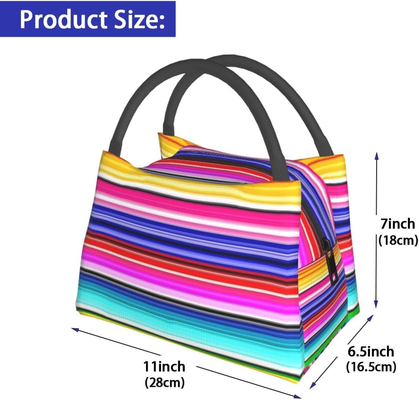 Bolsa de almuerzo con asa reforzada, bolsa de asas aislada, coloridas rayas mexicanas impresas, lonchera para picnic de trabajo, talla única
