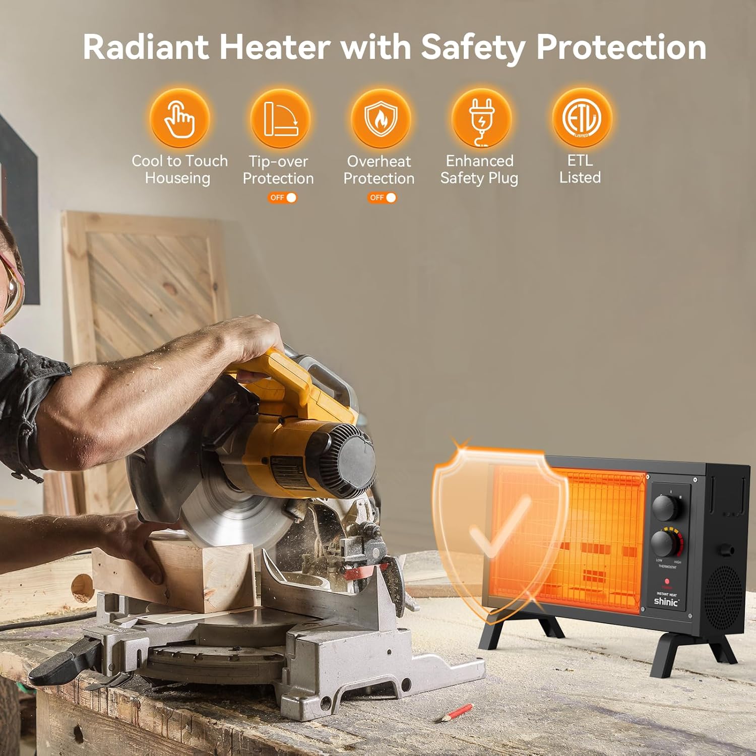 Shinic Calentadores radiantes para uso en interiores, calentador eléctrico de calentamiento rápido con termostato, calentador radiante portátil de