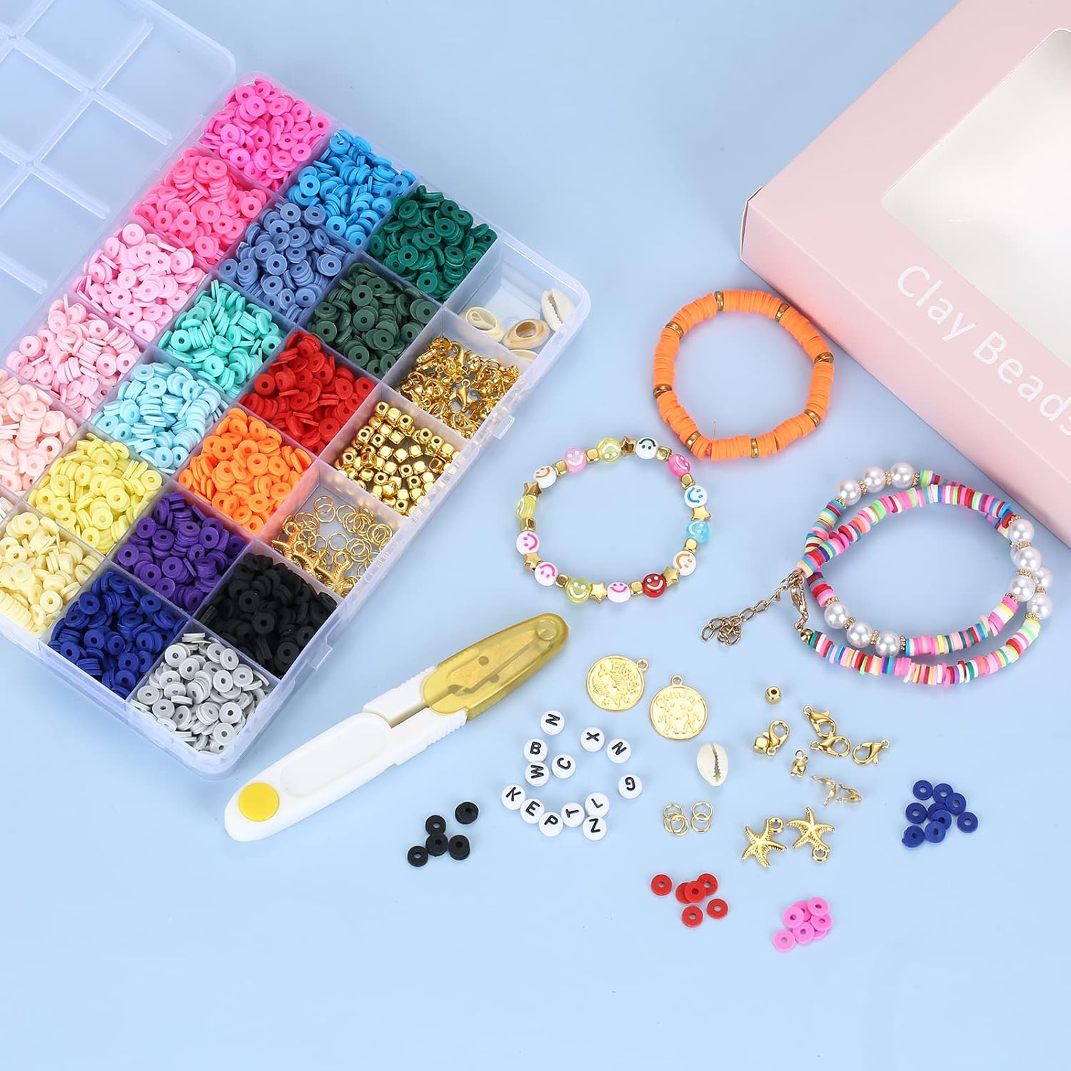 Kit de 4000 cuentas de arcilla para hacer pulseras, collares, regalos, espaciadores de polímero redondos planos con conchas, letras, 20 colores de