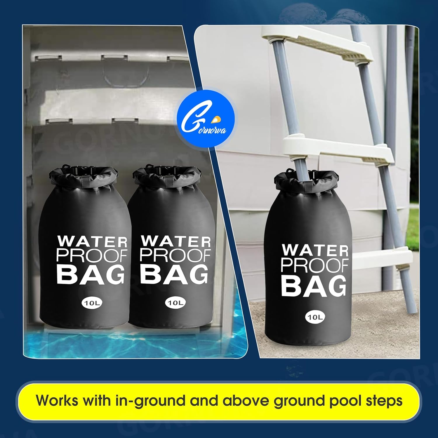 GORNORVA Pesas universales para escalones de piscina, no más roturas sobre el suelo, pesos plegables para escalera de piscina (10 L), bolsas de