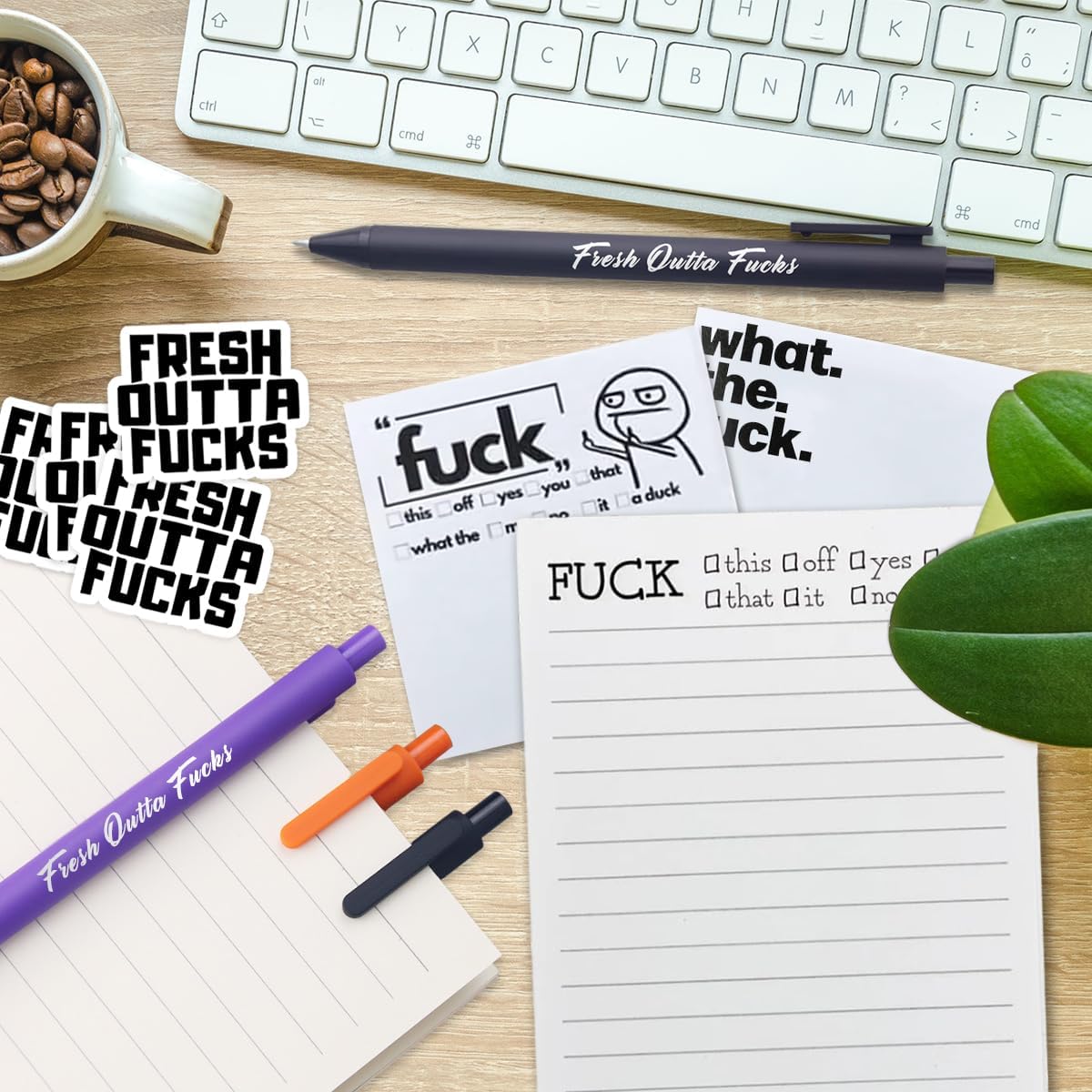 Fresh Outta Fucks – Juego de notas adhesivas y bolígrafo, divertidos suministros de oficina, regalos de elefante blanco para amigos, compañeros de