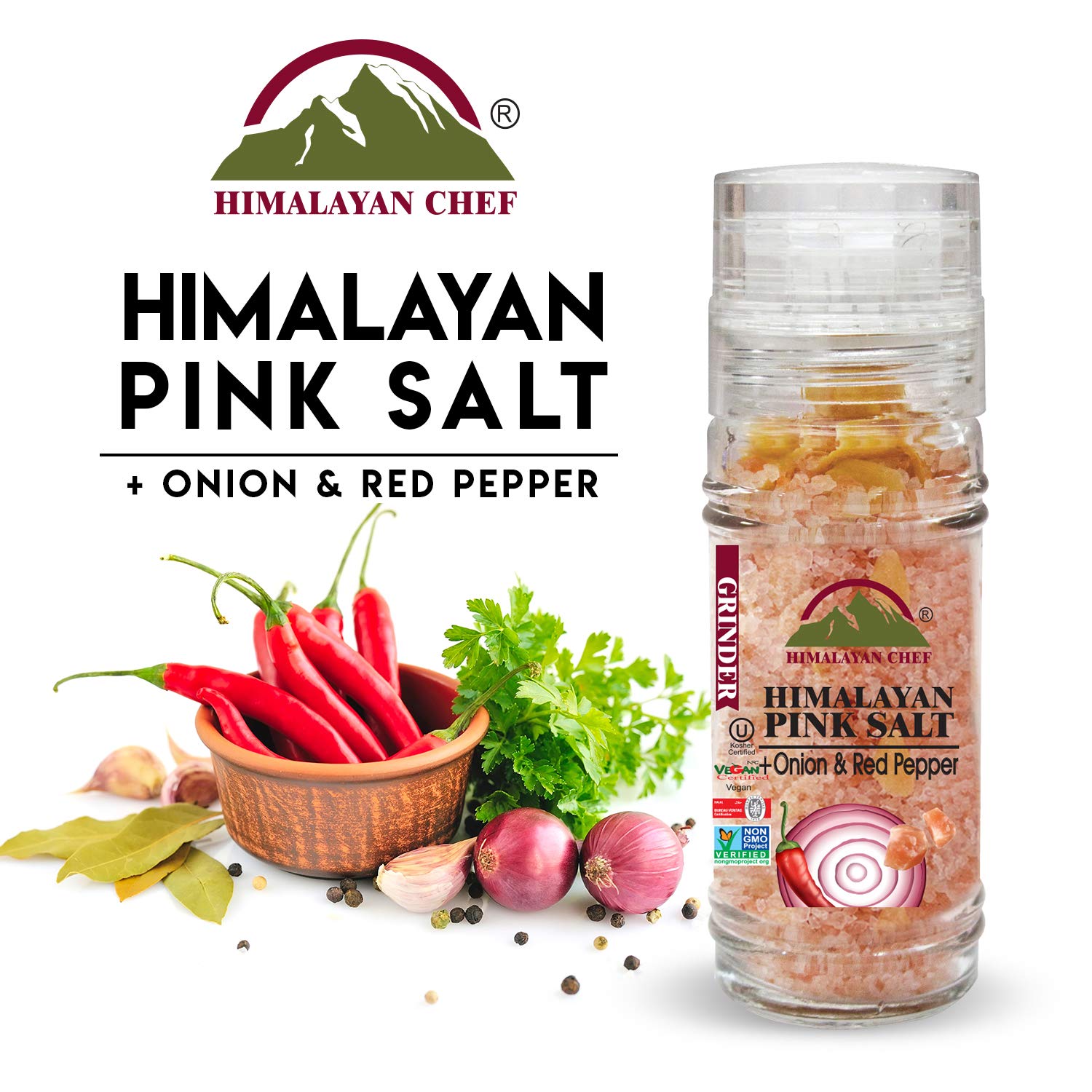 Himalayan Chef Cebolla y pimiento rojo con sal del Himalaya, molinillo de vidrio, 3.5 onzas, cebolla asada (5327C)