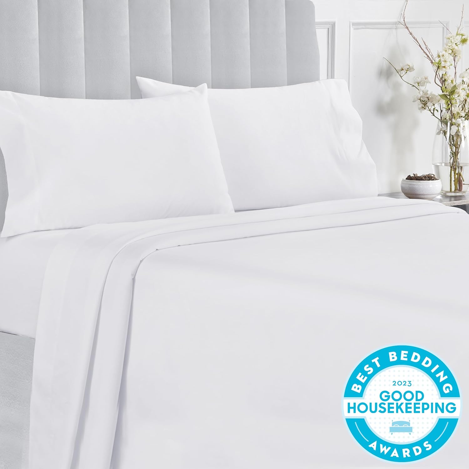 California Design Den Softest Sábanas 100% algodón, juego de sábanas de tamaño matrimonial, juego de 4 piezas, ropa de cama de satén de 400 hilos,