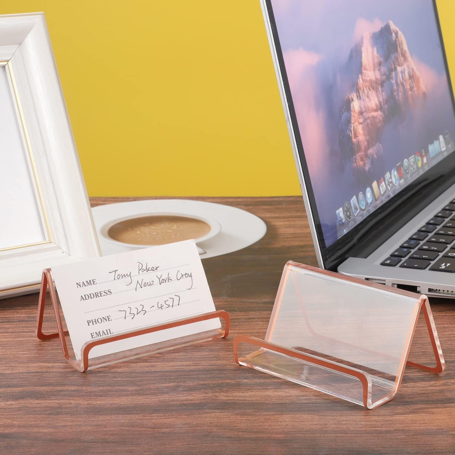 BESARME 4 piezas de soporte para tarjetas de visita de color oro rosa para escritorio, soporte de acrílico moderno para tarjetas de visita de